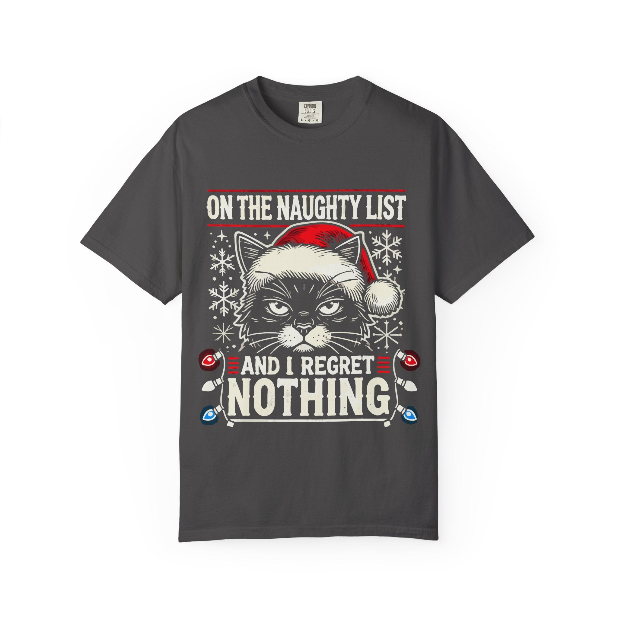 Funny Naughty Cat Christmas Shirt – "I Regret Nothing" Tee