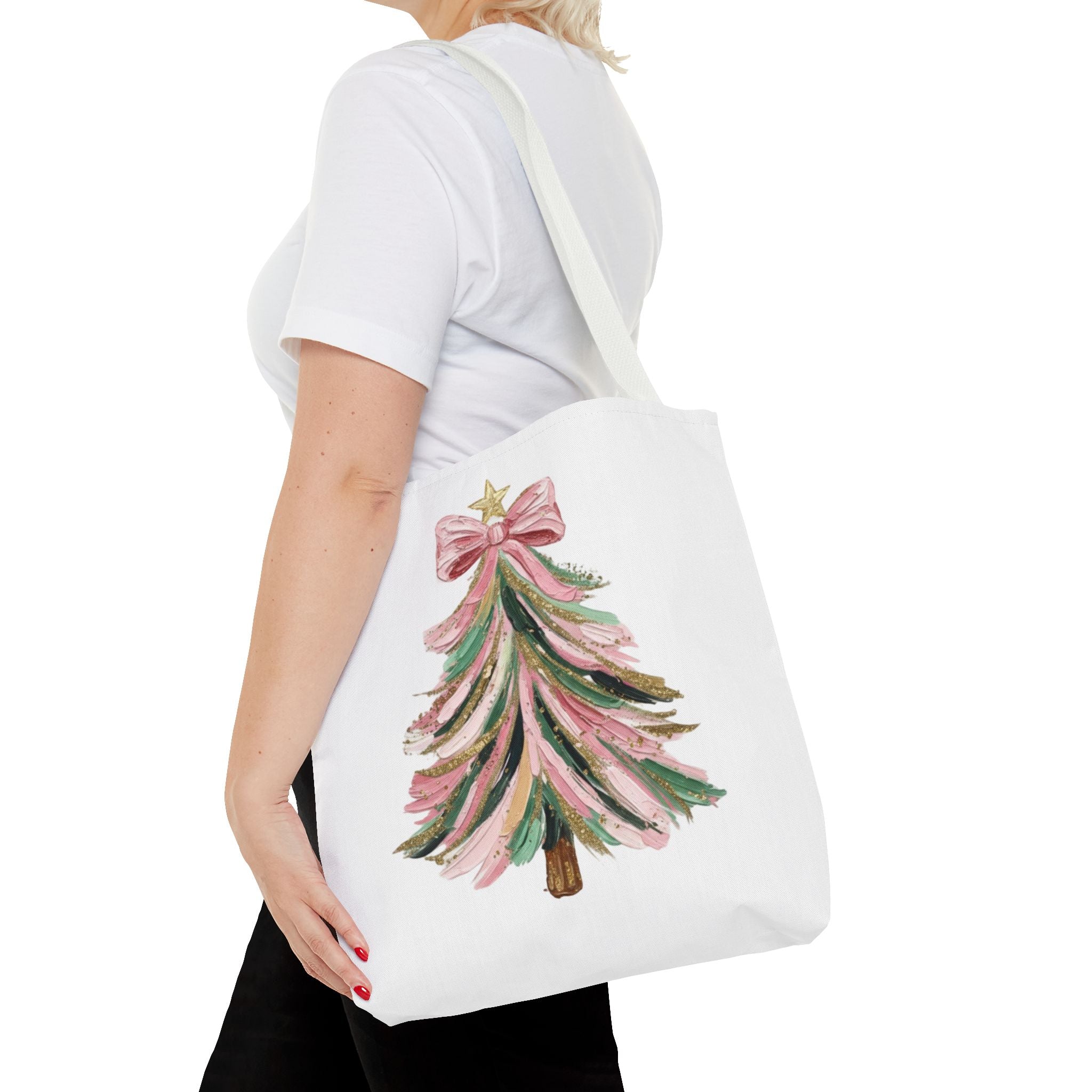 Coquette Christmas Tree Tote – Pink Glitter Canvas Bag for Holidays