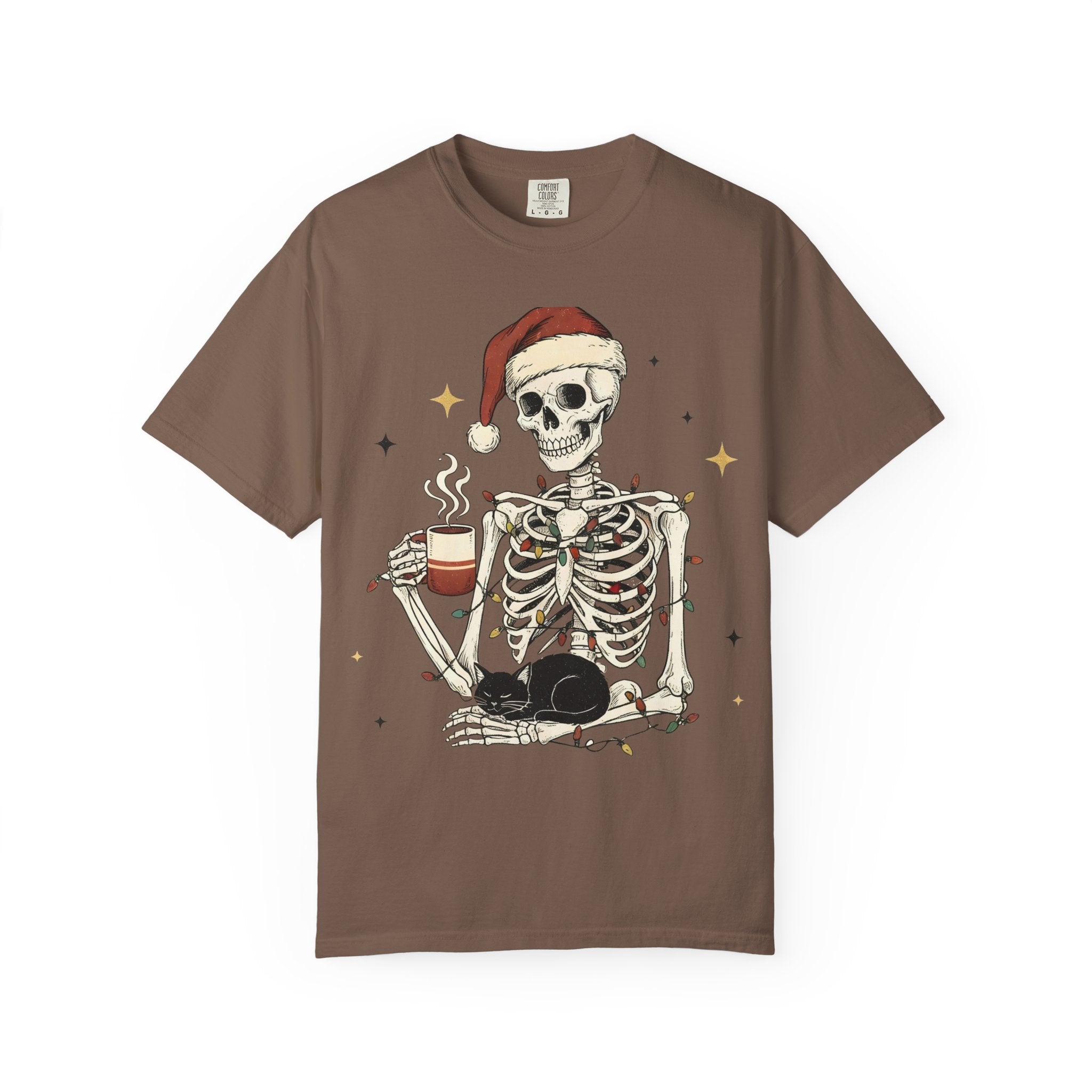 Skeleton Christmas Shirt – Spooky Holiday Shirt with Santa Hat, Coffee, Black Cat & Lights | Funny Cozy Gothic Christmas Tee