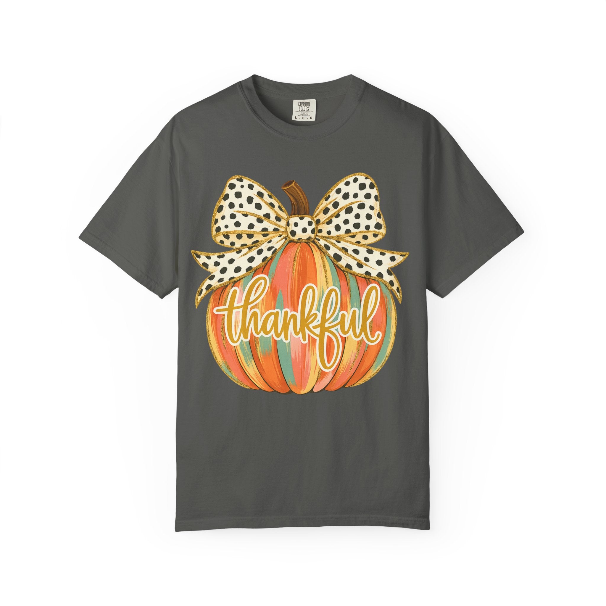 Thankful Pumpkin Shirt – Colorful Fall Tee with Leopard Bow & Glitter Detail | Coquette Thanksgiving Graphic T-Shirt