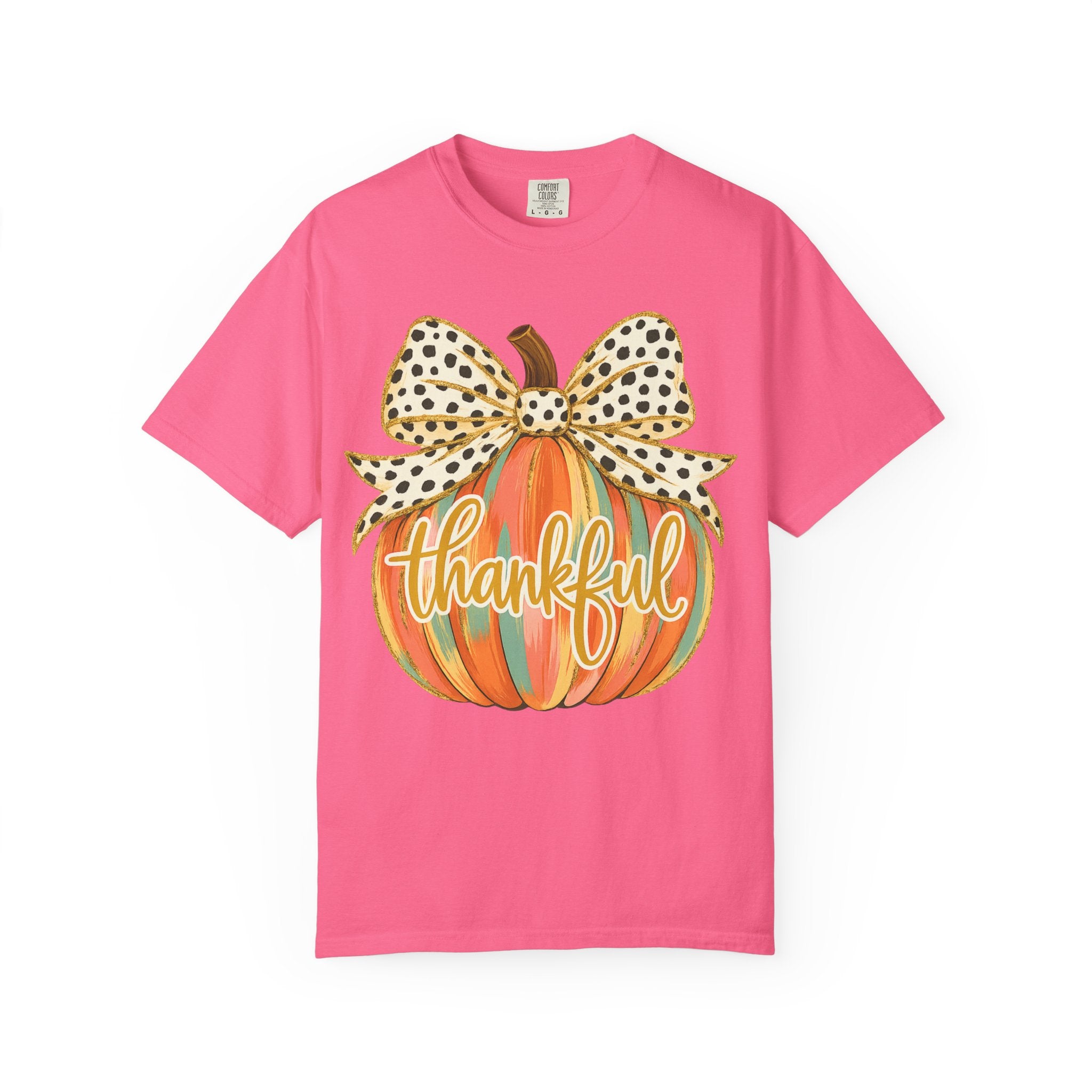 Thankful Pumpkin Shirt – Colorful Fall Tee with Leopard Bow & Glitter Detail | Coquette Thanksgiving Graphic T-Shirt
