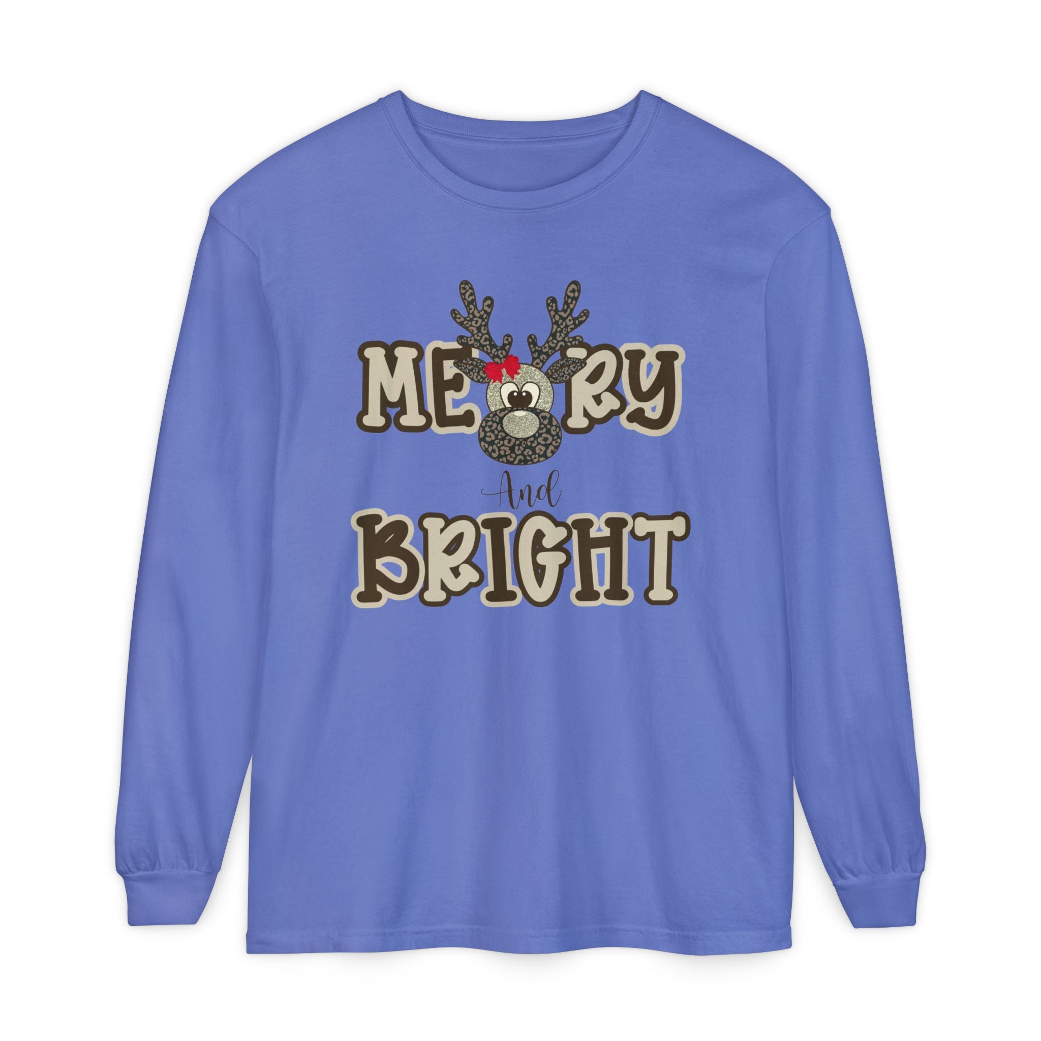Merry & Bright Reindeer Long Sleeve – Comfort Colors® Cheetah Print Christmas Shirt for Women