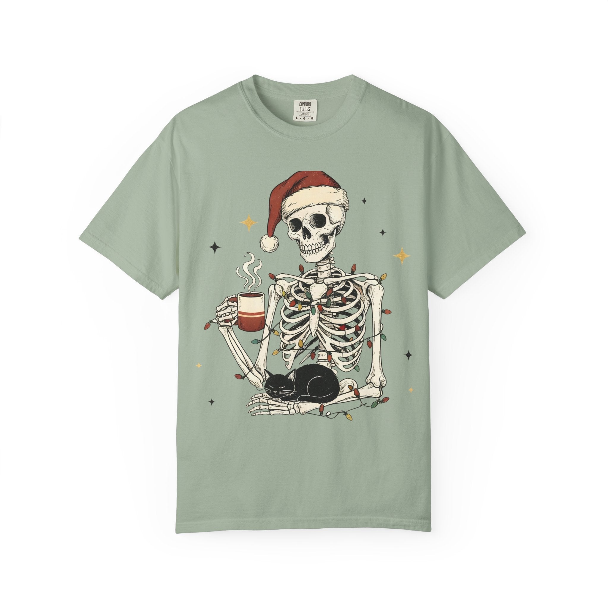 Skeleton Christmas Shirt – Spooky Holiday Shirt with Santa Hat, Coffee, Black Cat & Lights | Funny Cozy Gothic Christmas Tee