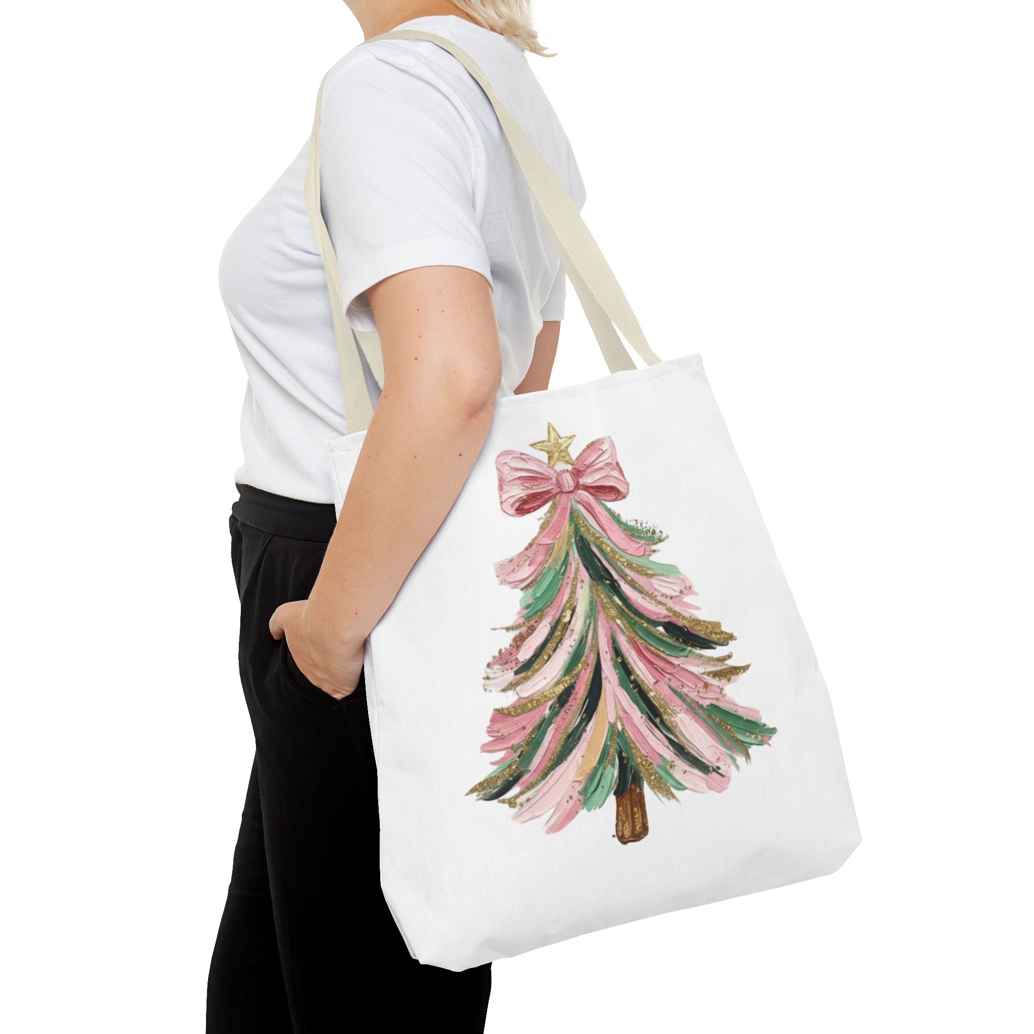 Coquette Christmas Tree Tote – Pink Glitter Canvas Bag for Holidays
