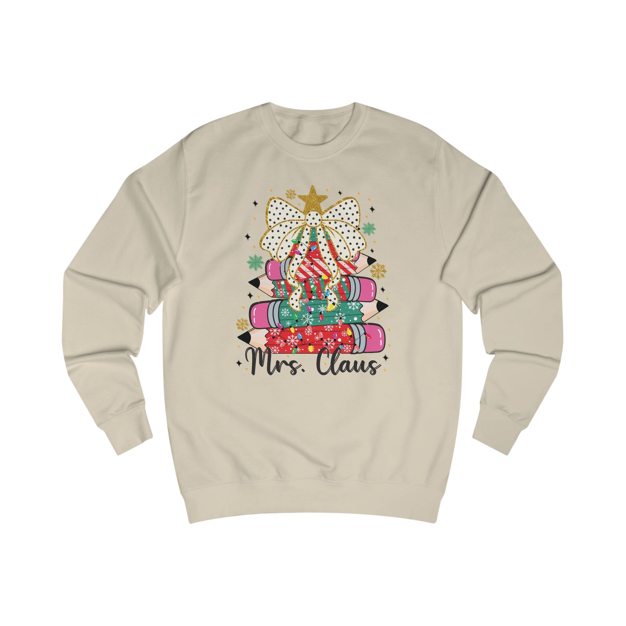 Mrs. Claus Teacher Sweatshirt, Cute Christmas Pencil Tree Design, Holiday Teacher Gift, Festive Classroom Pullover