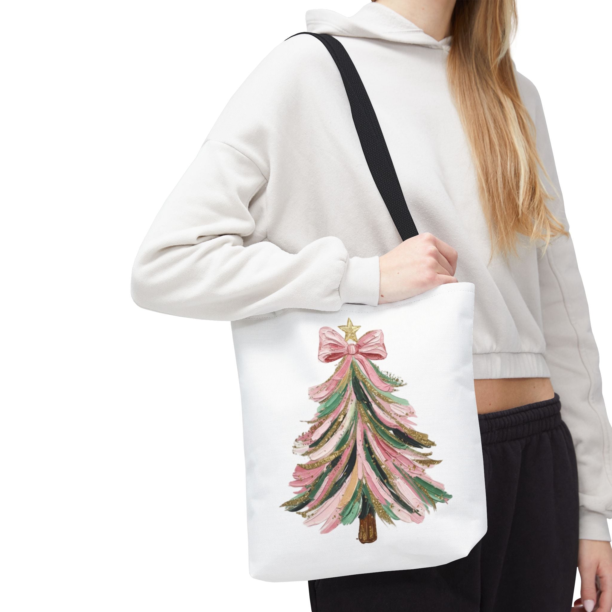 Coquette Christmas Tree Tote – Pink Glitter Canvas Bag for Holidays