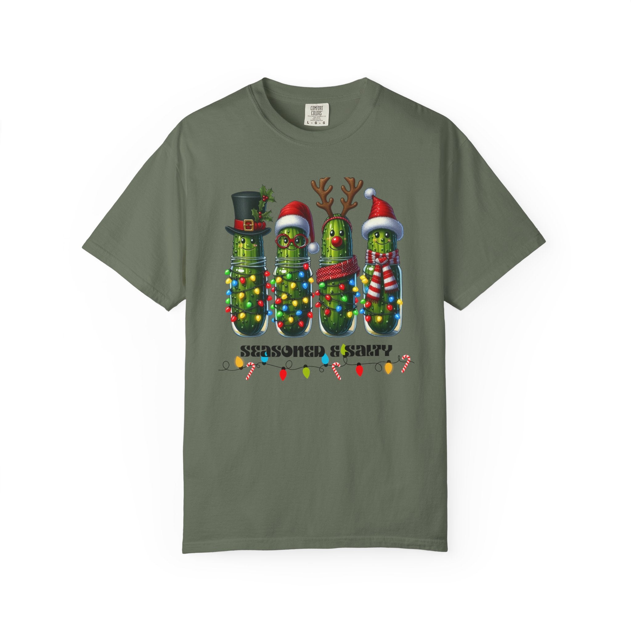 Seasoned & Salty Christmas Pickle T-Shirt | Funny Holiday Shirt, Cute Christmas Tee, Festive Graphic Top, Quirky Gift for Her or Him