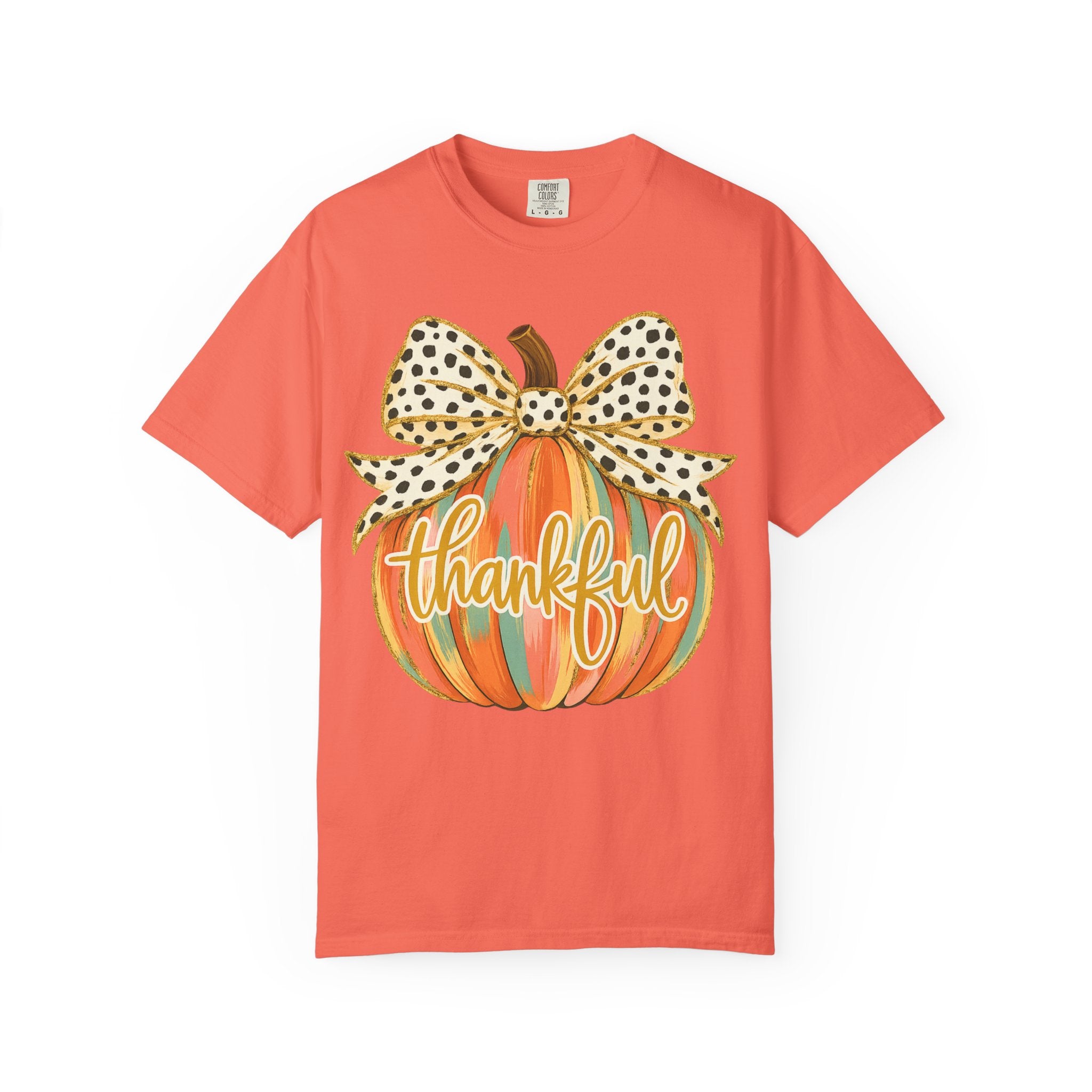 Thankful Pumpkin Shirt – Colorful Fall Tee with Leopard Bow & Glitter Detail | Coquette Thanksgiving Graphic T-Shirt