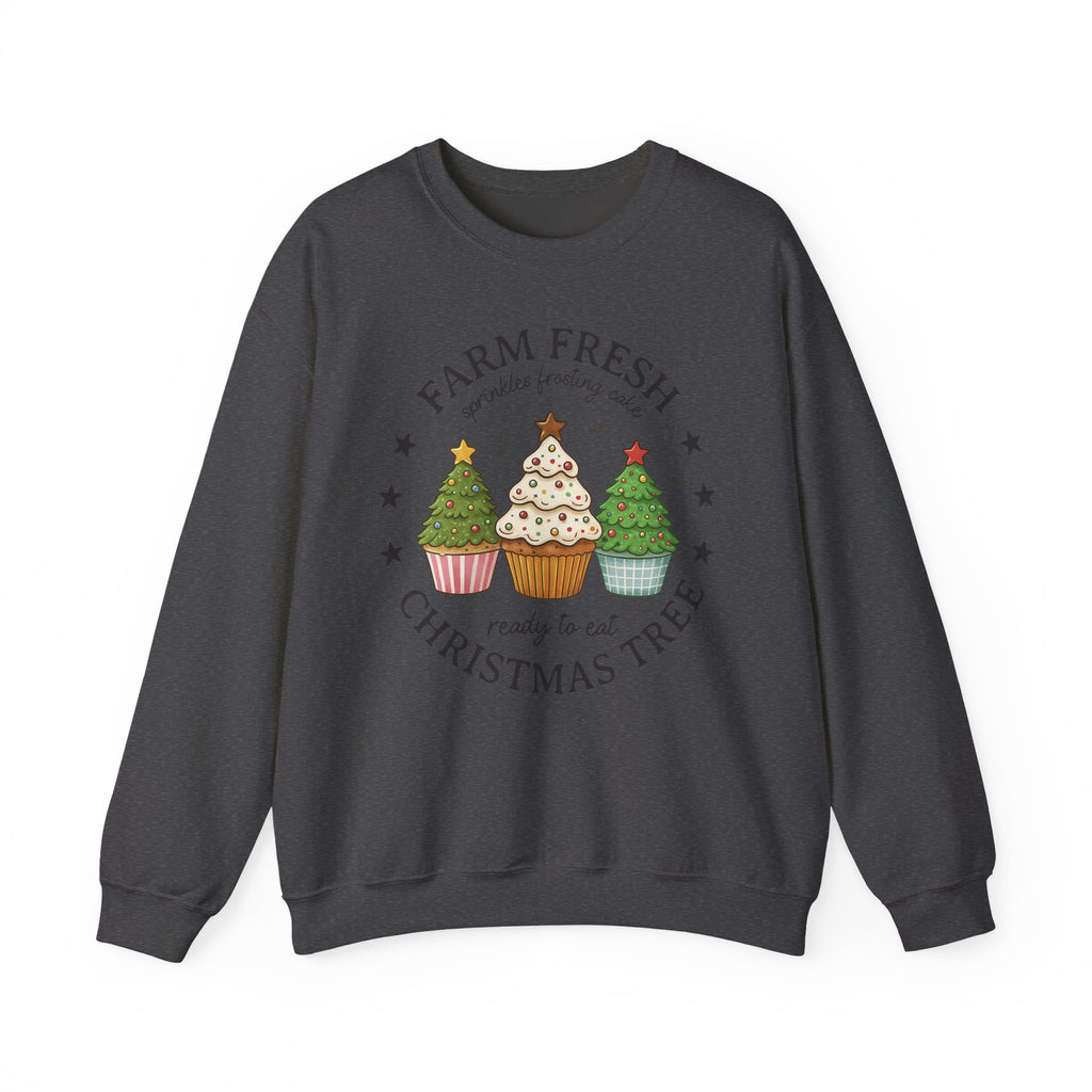 Farm Fresh Christmas Tree Cupcake Sweatshirt – Holiday Baking Graphic Pullover for Women