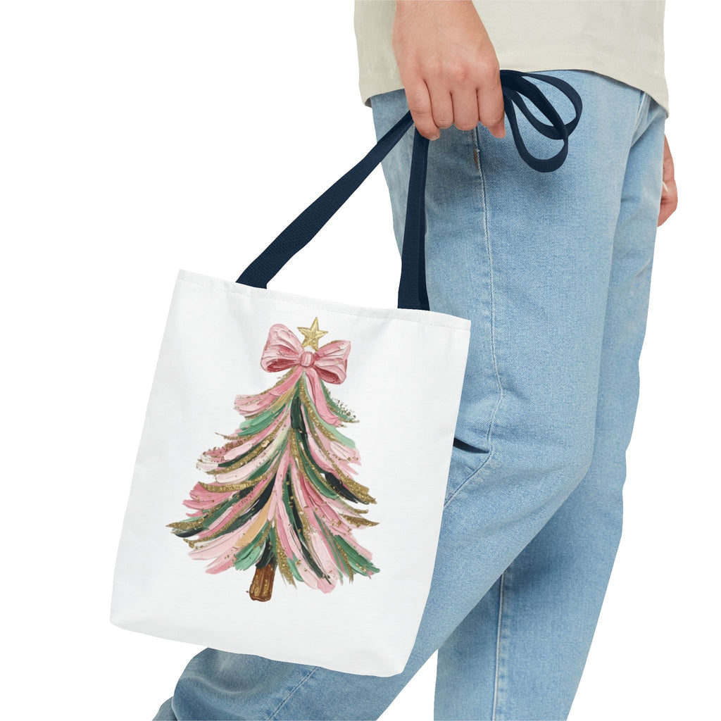 Coquette Christmas Tree Tote – Pink Glitter Canvas Bag for Holidays