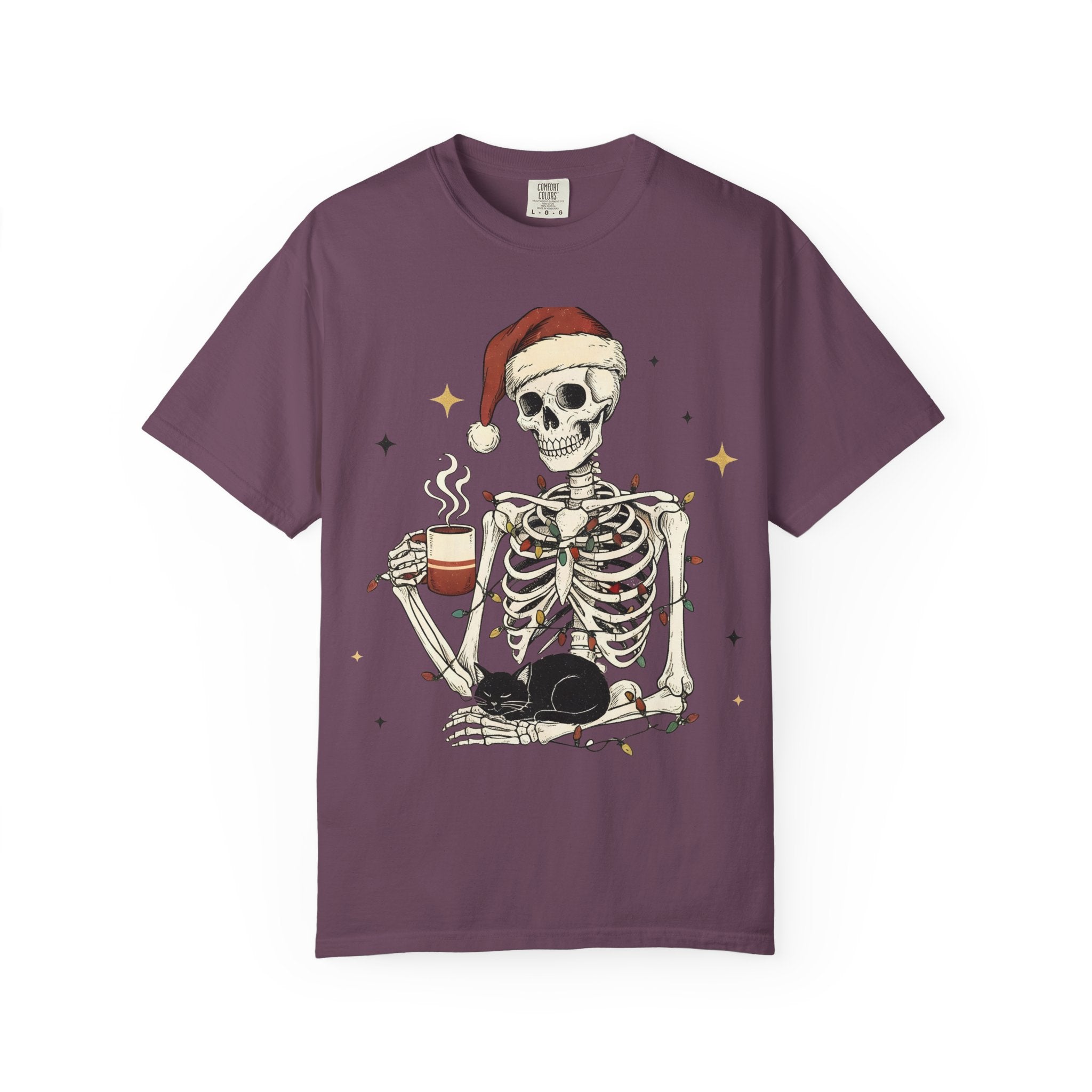 Skeleton Christmas Shirt – Spooky Holiday Shirt with Santa Hat, Coffee, Black Cat & Lights | Funny Cozy Gothic Christmas Tee