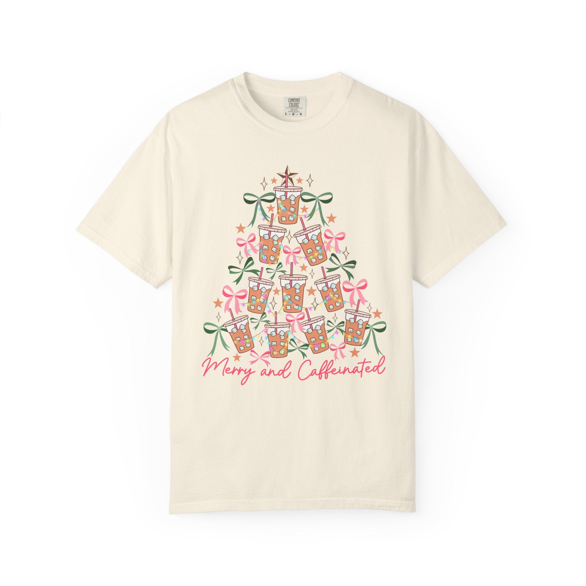 Merry and Caffeinated Shirt – Iced Coffee Christmas Tree Tee, Funny Holiday Shirt for Coffee Lovers, Festive Barista Gift