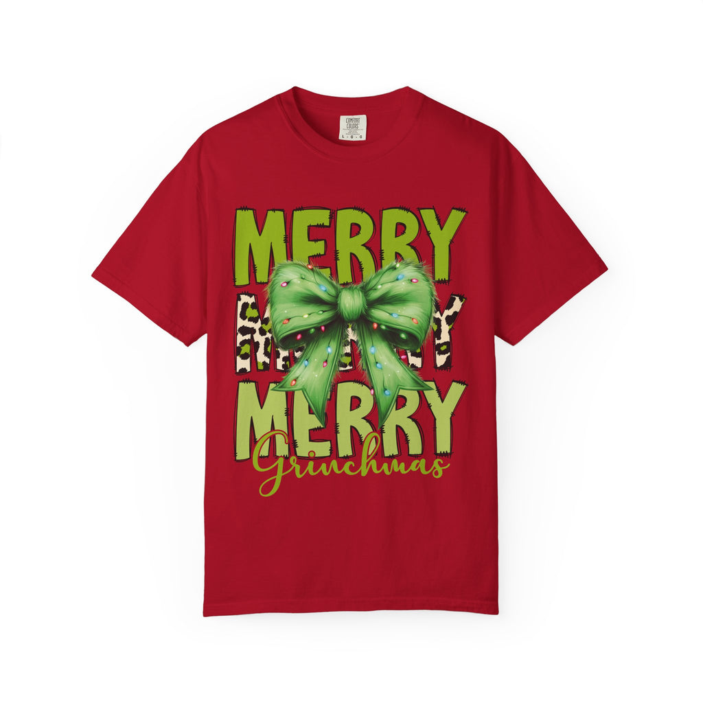 Merry Merry Grinchmas Shirt – Funny Christmas Tee with Leopard Bow
