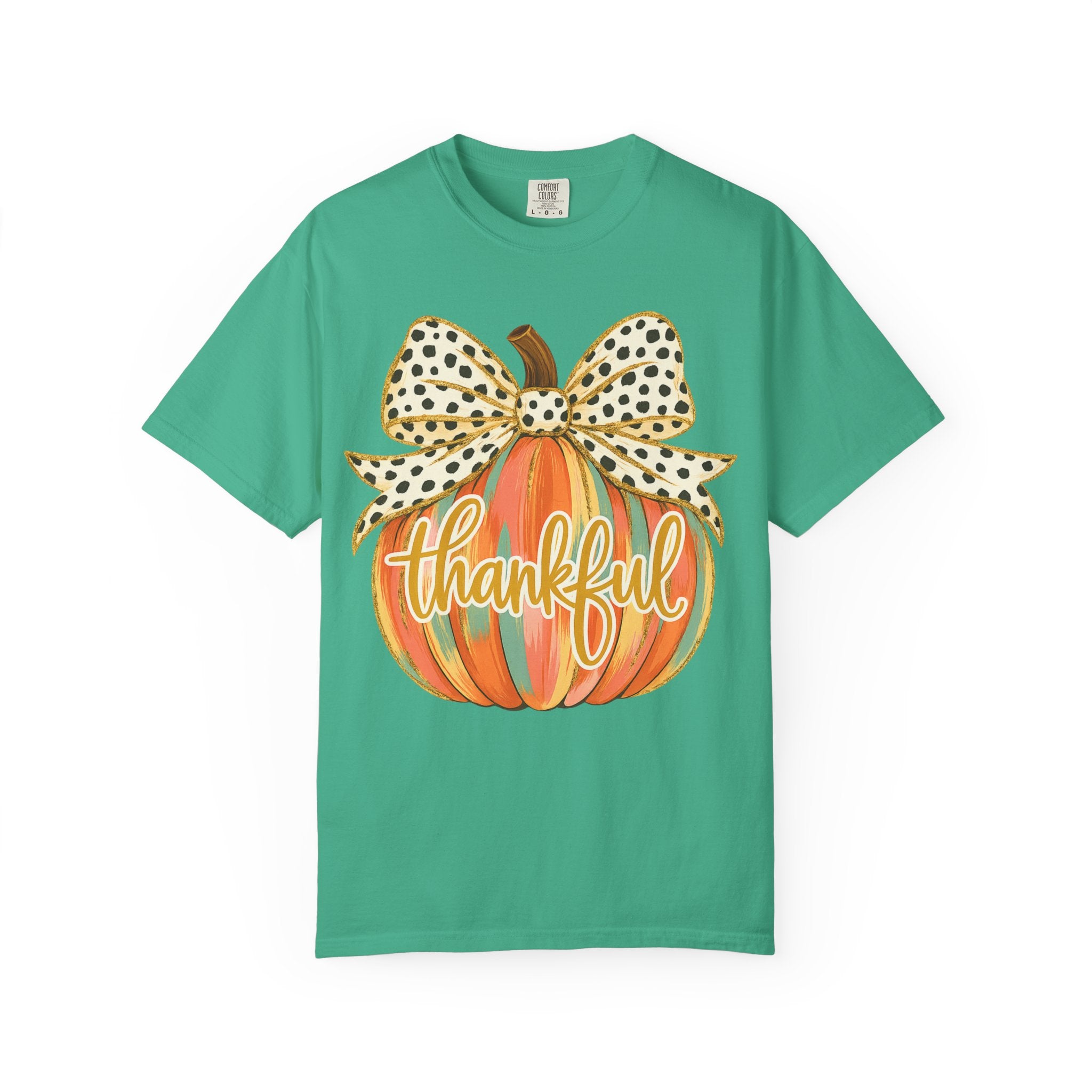 Thankful Pumpkin Shirt – Colorful Fall Tee with Leopard Bow & Glitter Detail | Coquette Thanksgiving Graphic T-Shirt