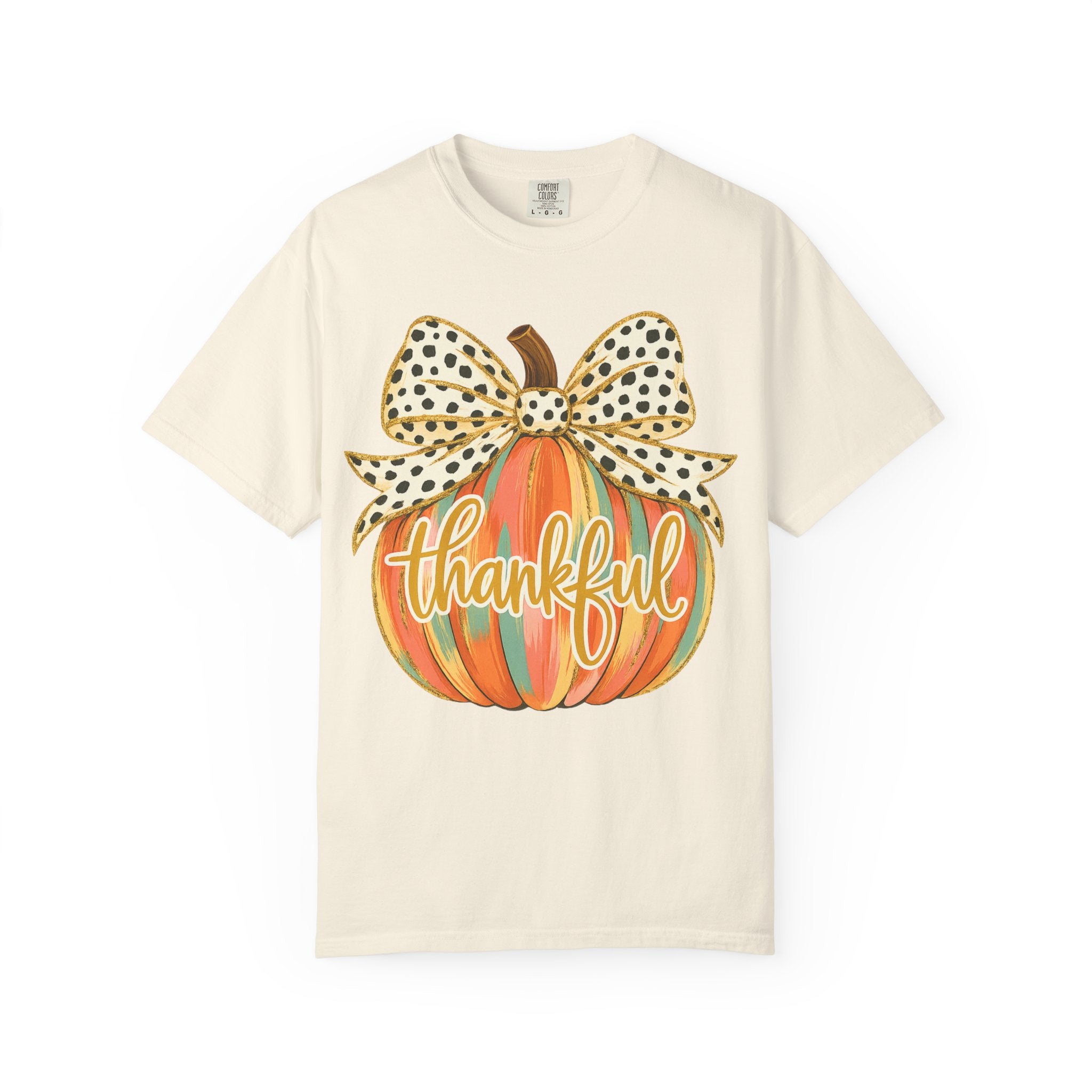 Thankful Pumpkin Shirt – Colorful Fall Tee with Leopard Bow & Glitter Detail | Coquette Thanksgiving Graphic T-Shirt