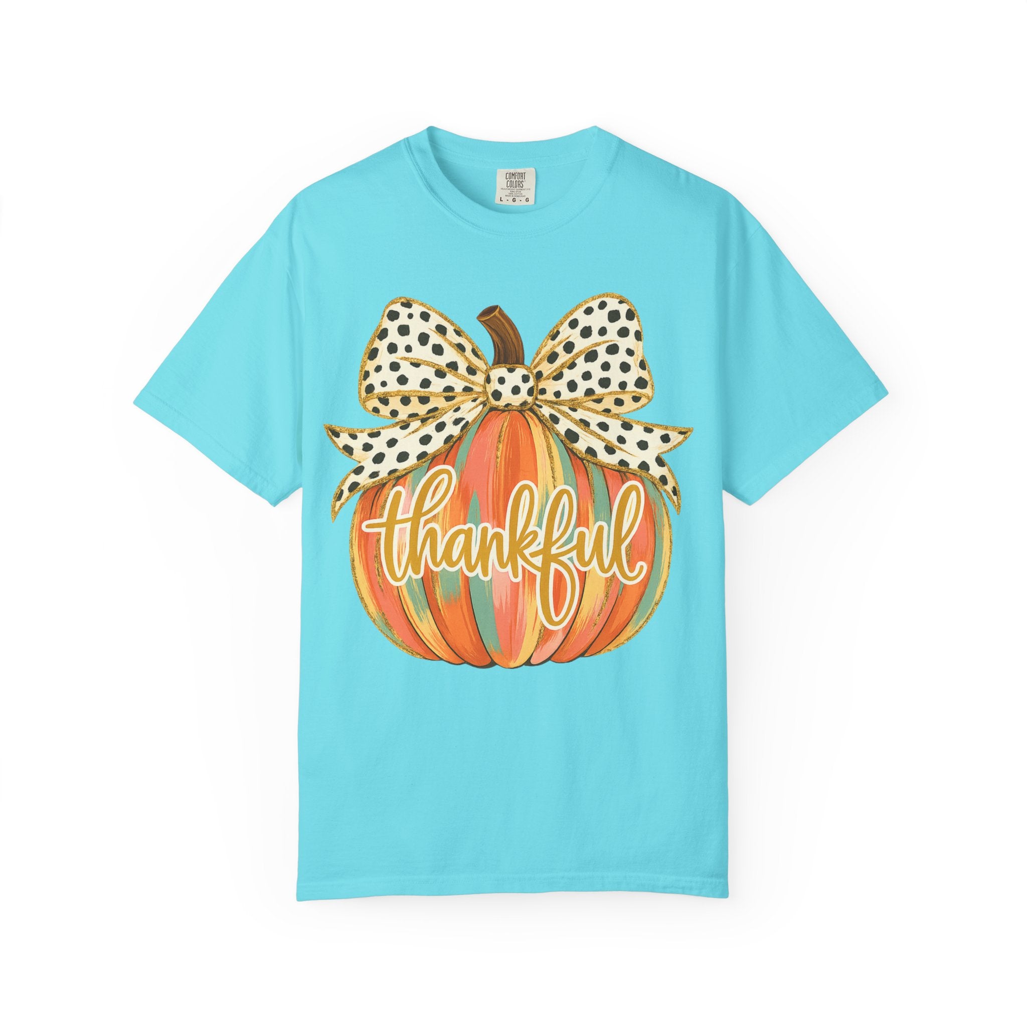 Thankful Pumpkin Shirt – Colorful Fall Tee with Leopard Bow & Glitter Detail | Coquette Thanksgiving Graphic T-Shirt
