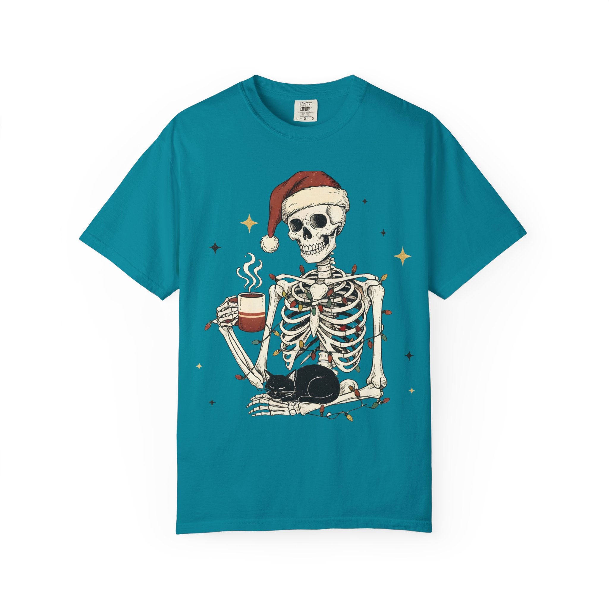 Skeleton Christmas Shirt – Spooky Holiday Shirt with Santa Hat, Coffee, Black Cat & Lights | Funny Cozy Gothic Christmas Tee