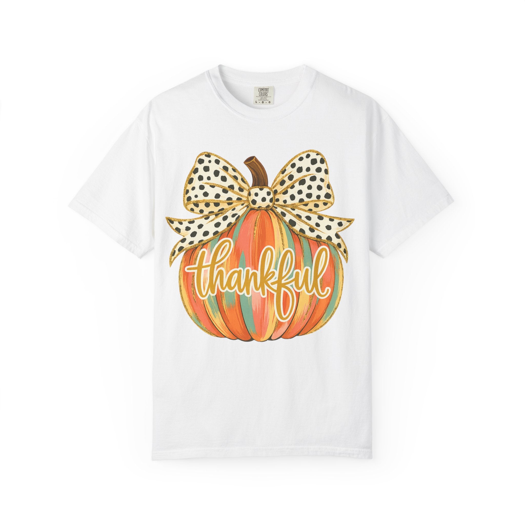 Thankful Pumpkin Shirt – Colorful Fall Tee with Leopard Bow & Glitter Detail | Coquette Thanksgiving Graphic T-Shirt