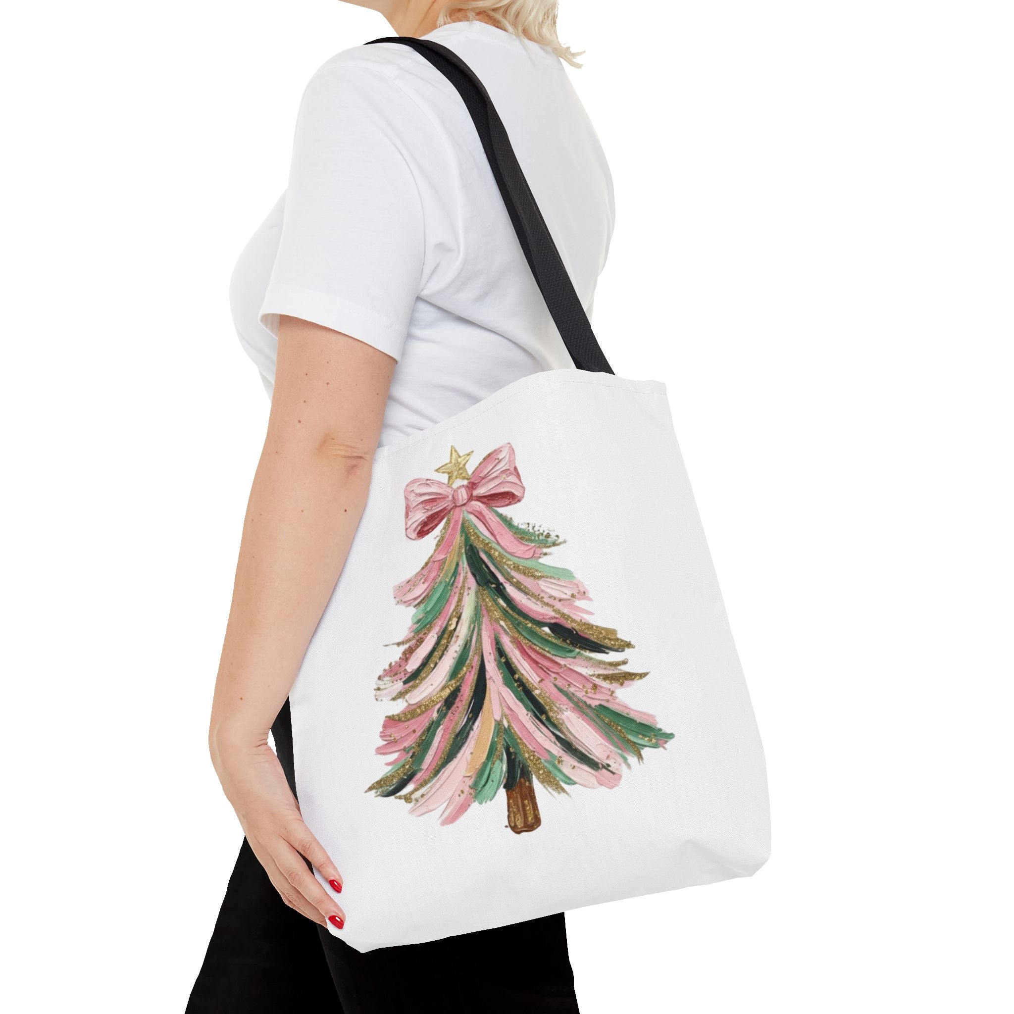 Coquette Christmas Tree Tote – Pink Glitter Canvas Bag for Holidays