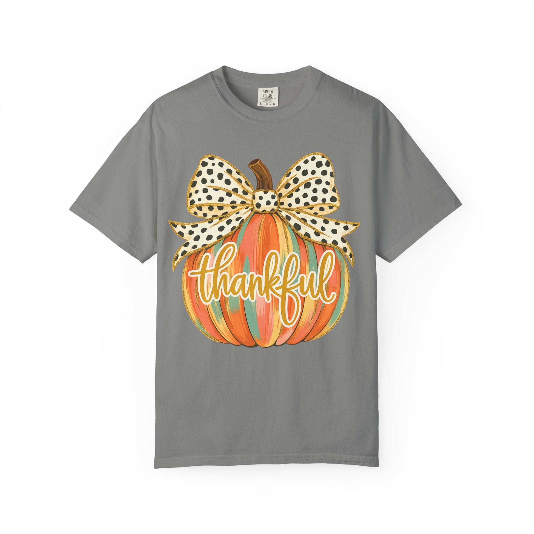 Thankful Pumpkin Shirt – Colorful Fall Tee with Leopard Bow & Glitter Detail | Coquette Thanksgiving Graphic T-Shirt