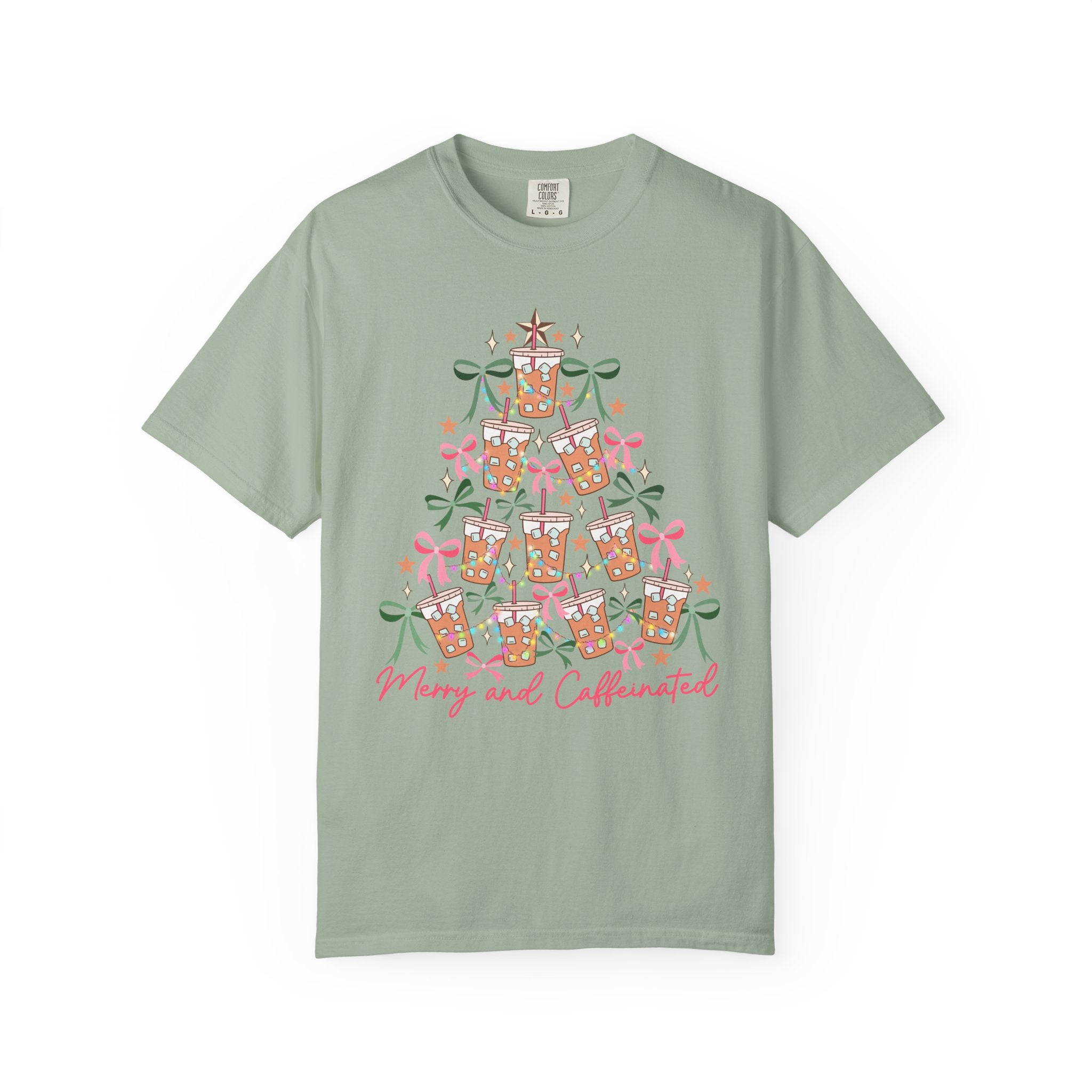 Merry and Caffeinated Shirt – Iced Coffee Christmas Tree Tee, Funny Holiday Shirt for Coffee Lovers, Festive Barista Gift
