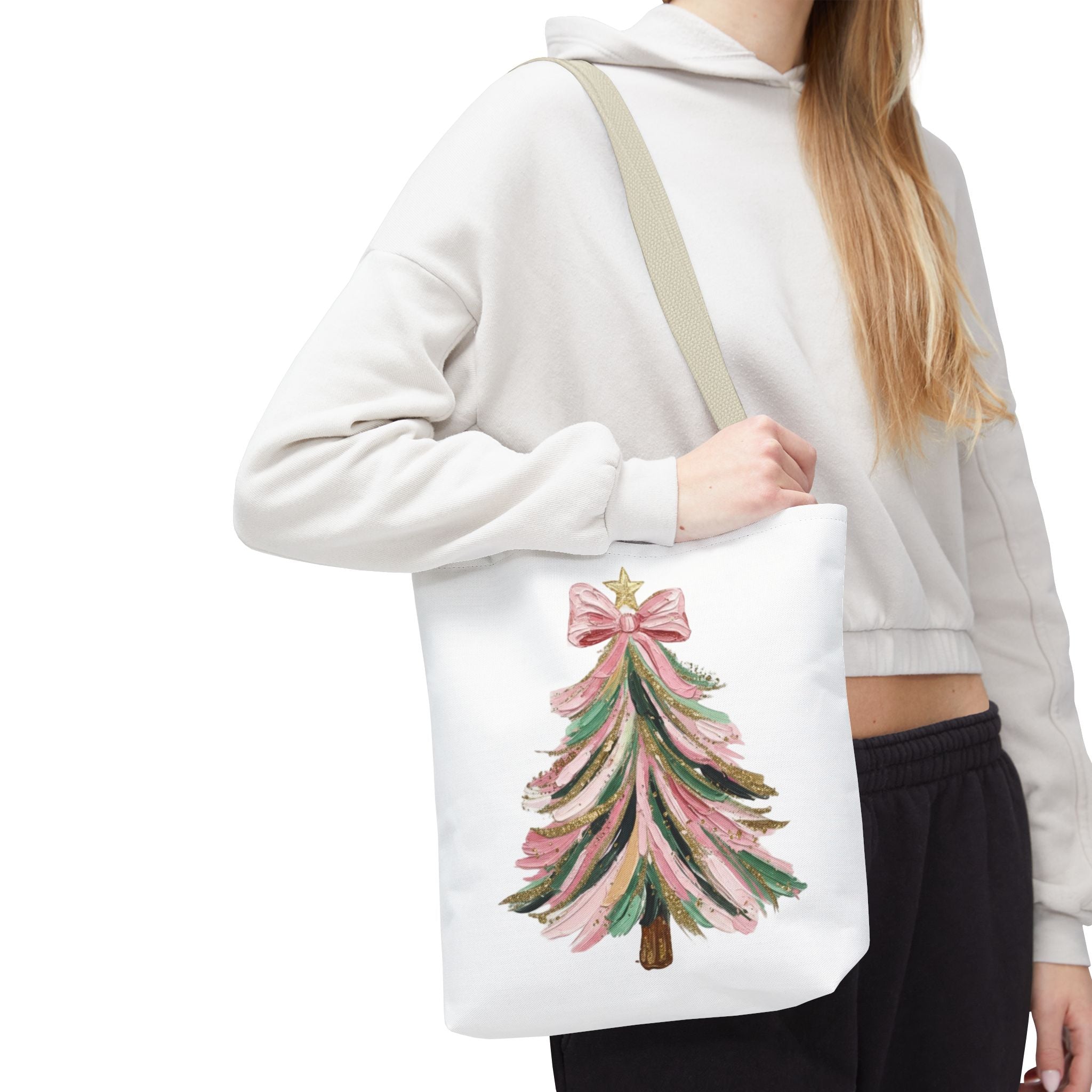 Coquette Christmas Tree Tote – Pink Glitter Canvas Bag for Holidays