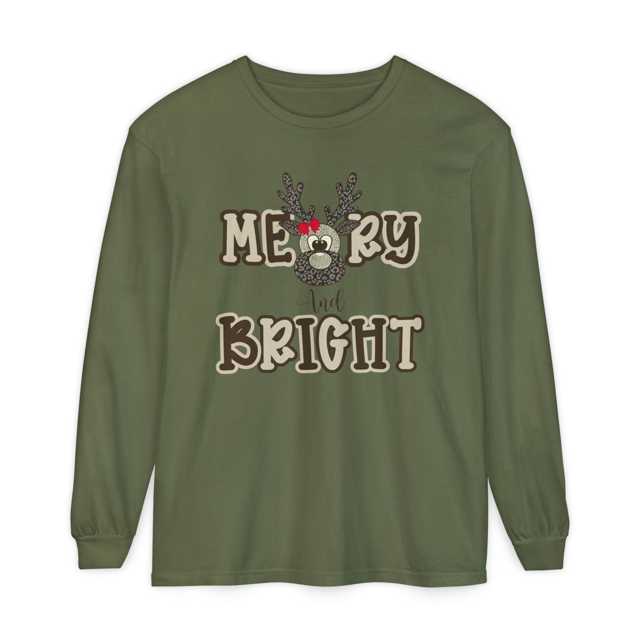 Merry & Bright Reindeer Long Sleeve – Comfort Colors® Cheetah Print Christmas Shirt for Women