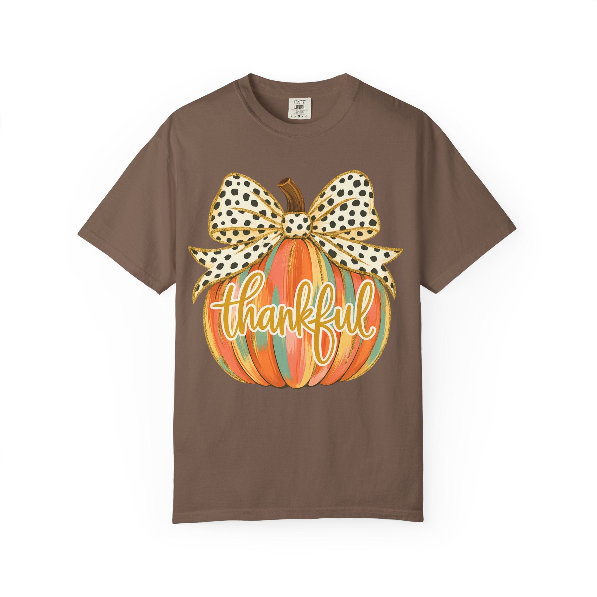 Thankful Pumpkin Shirt – Colorful Fall Tee with Leopard Bow & Glitter Detail | Coquette Thanksgiving Graphic T-Shirt