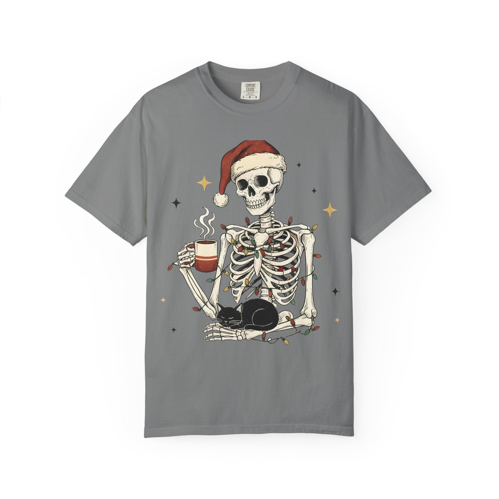 Skeleton Christmas Shirt – Spooky Holiday Shirt with Santa Hat, Coffee, Black Cat & Lights | Funny Cozy Gothic Christmas Tee