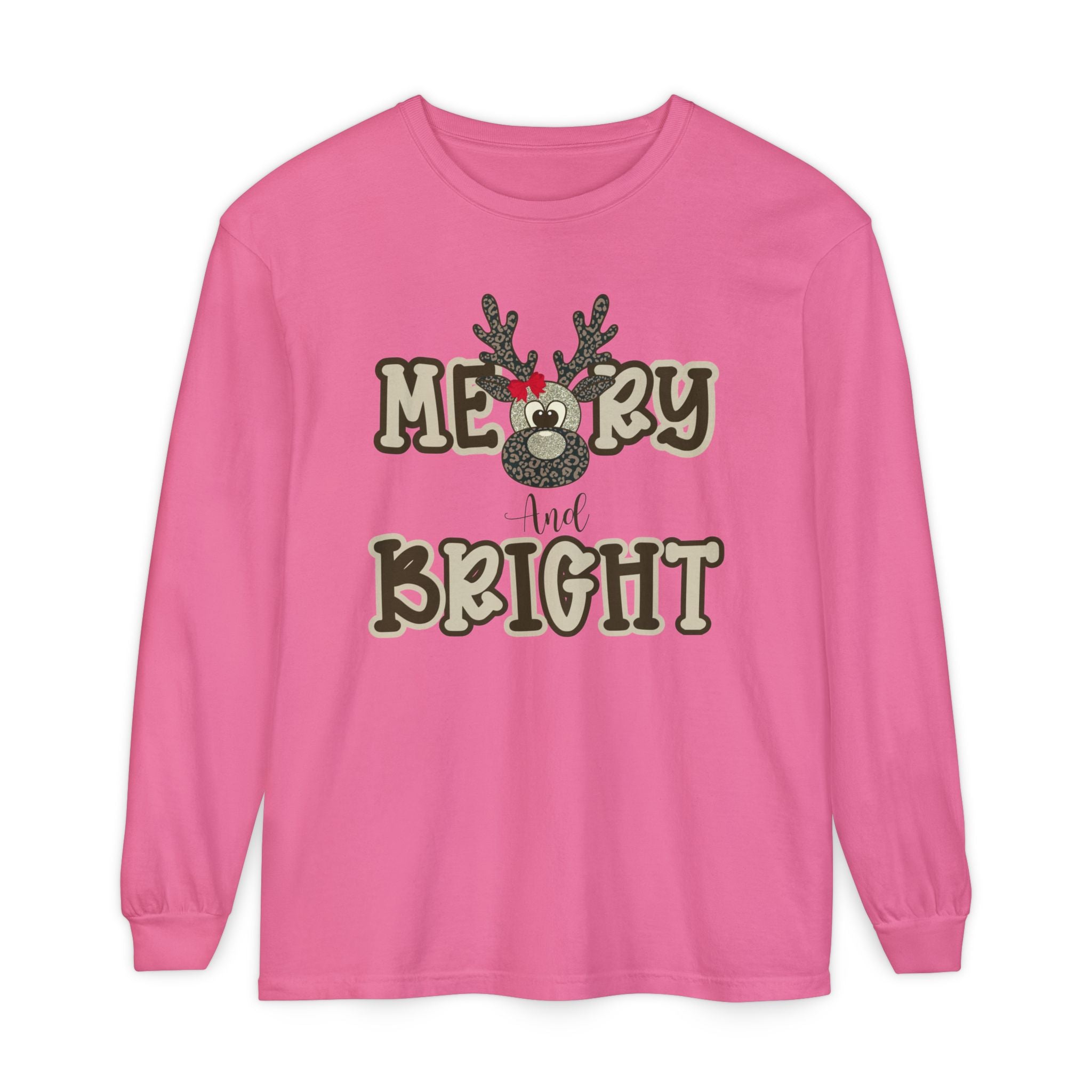 Merry & Bright Reindeer Long Sleeve – Comfort Colors® Cheetah Print Christmas Shirt for Women