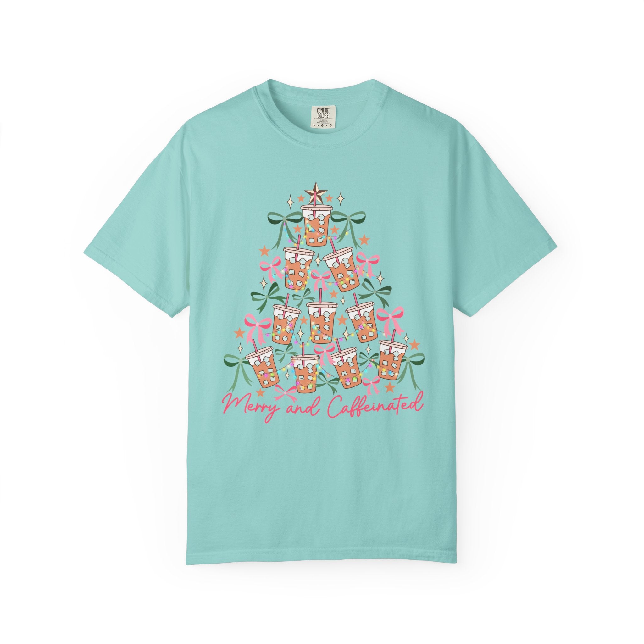 Merry and Caffeinated Shirt – Iced Coffee Christmas Tree Tee, Funny Holiday Shirt for Coffee Lovers, Festive Barista Gift