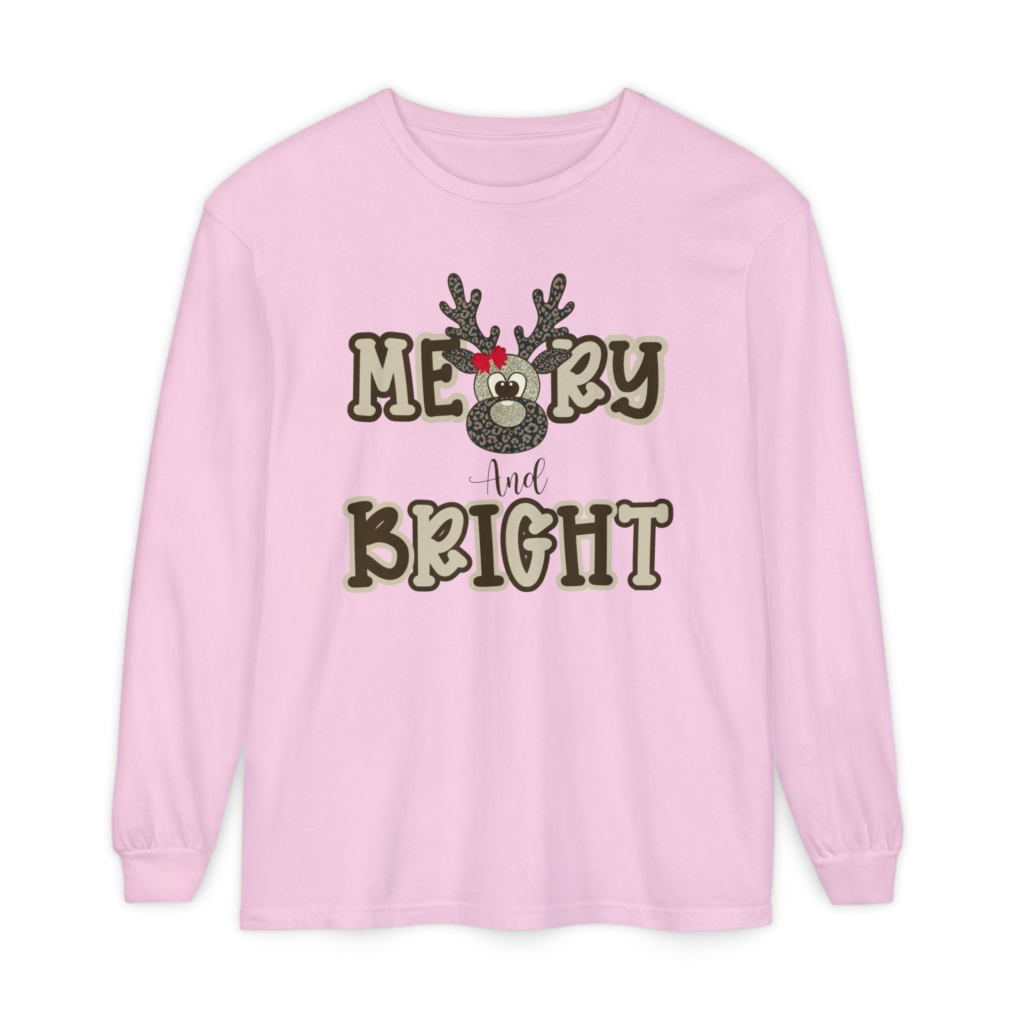 Merry & Bright Reindeer Long Sleeve – Comfort Colors® Cheetah Print Christmas Shirt for Women