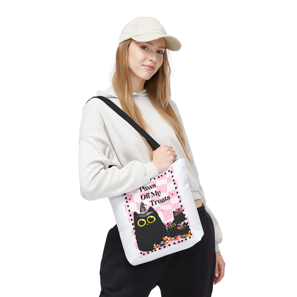 Paws Off My Treats Halloween Tote Bag | Cute Black Cat Candy Trick-or-Treat Canvas Bag