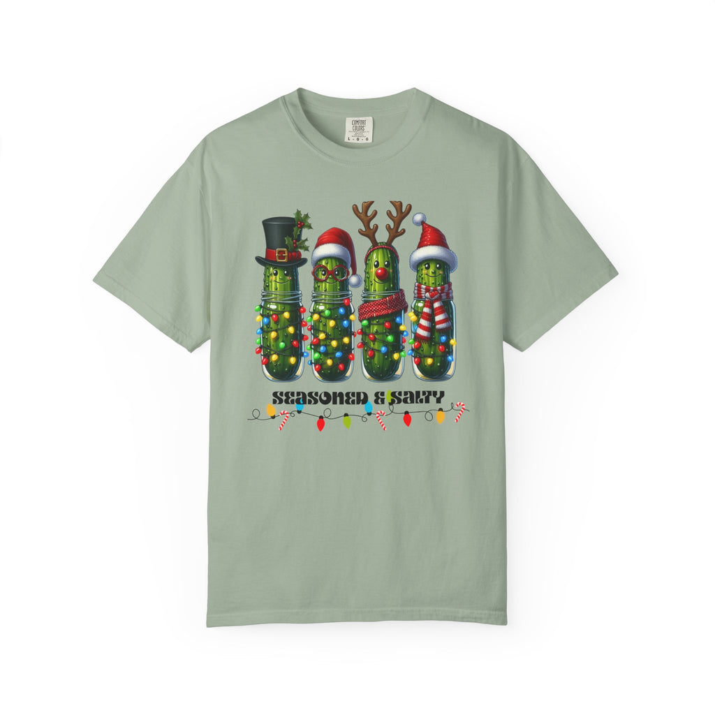 Seasoned & Salty Christmas Pickle Shirt | Funny Holiday Graphic Tee | Quirky Christmas Gift