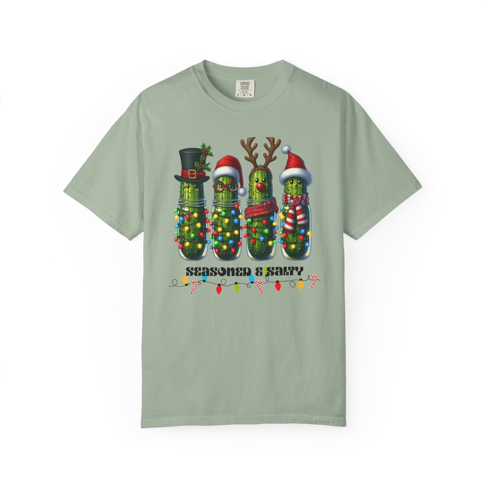 Seasoned & Salty Christmas Pickle Shirt | Funny Holiday Graphic Tee | Quirky Christmas Gift