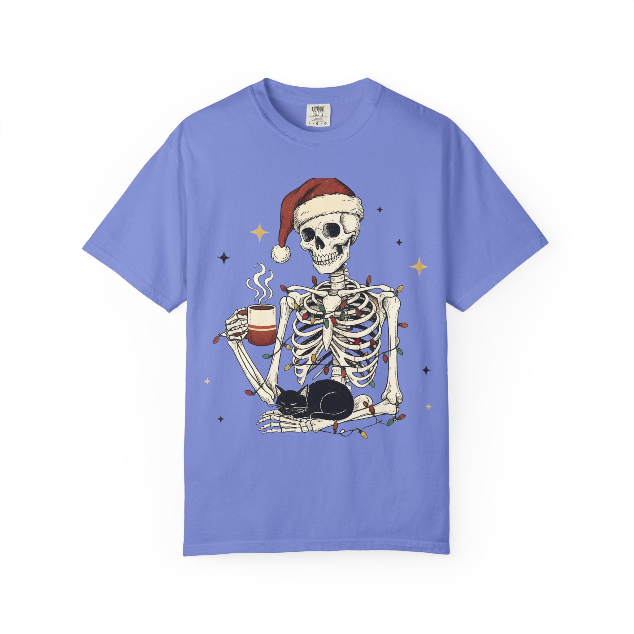 Skeleton Christmas Shirt – Spooky Holiday Shirt with Santa Hat, Coffee, Black Cat & Lights | Funny Cozy Gothic Christmas Tee