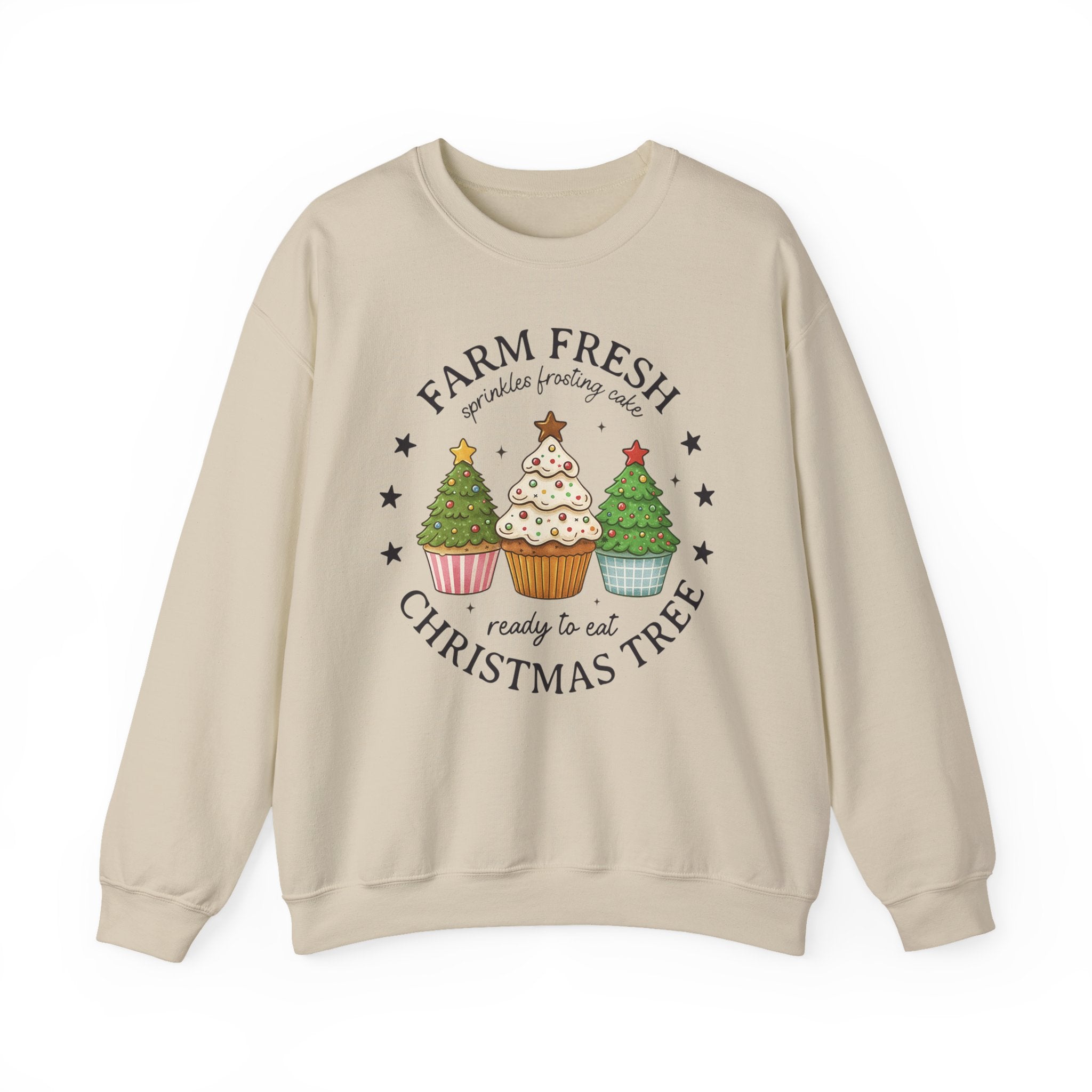 Farm Fresh Christmas Tree Cupcake Sweatshirt – Holiday Baking Graphic Pullover for Women