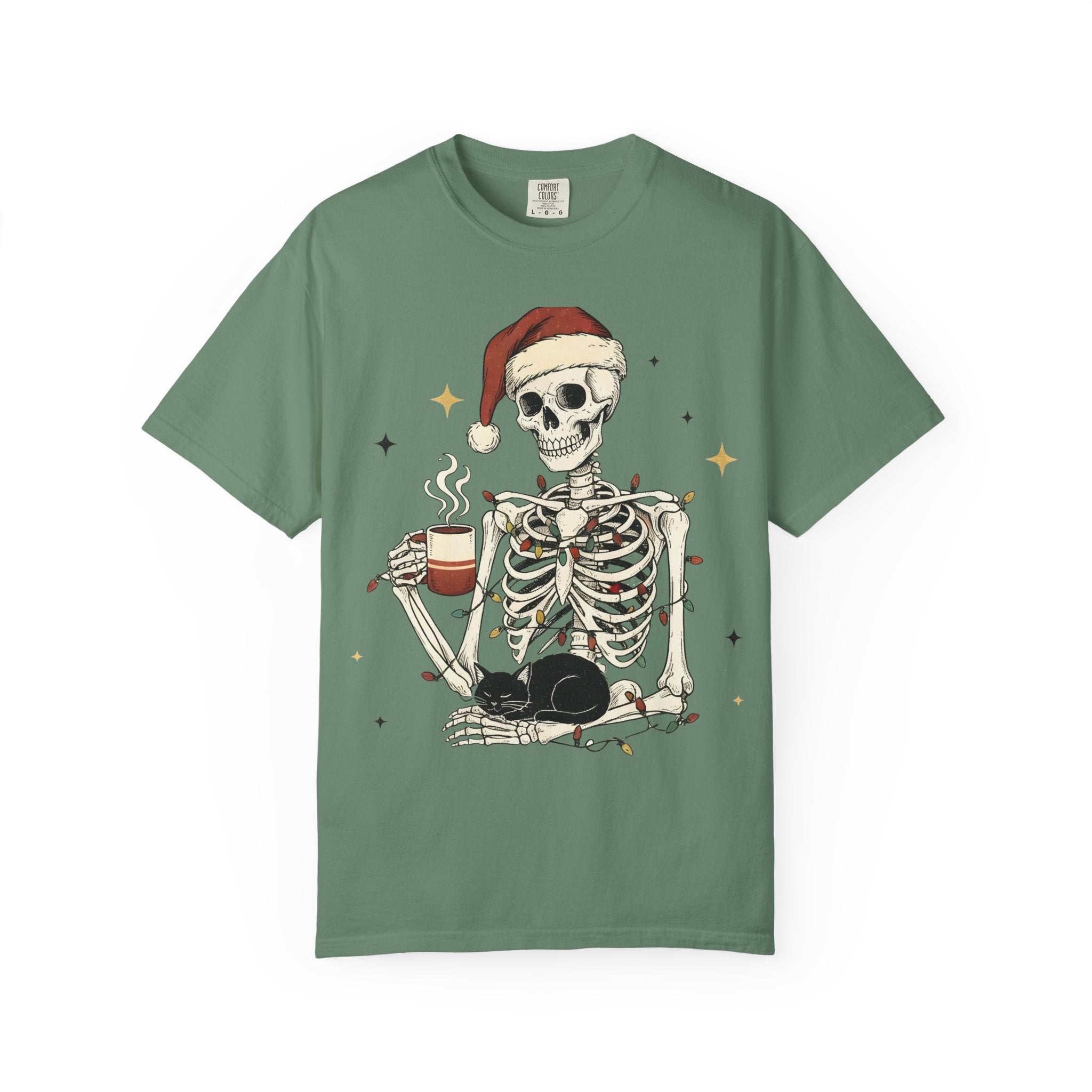 Skeleton Christmas Shirt – Spooky Holiday Shirt with Santa Hat, Coffee, Black Cat & Lights | Funny Cozy Gothic Christmas Tee