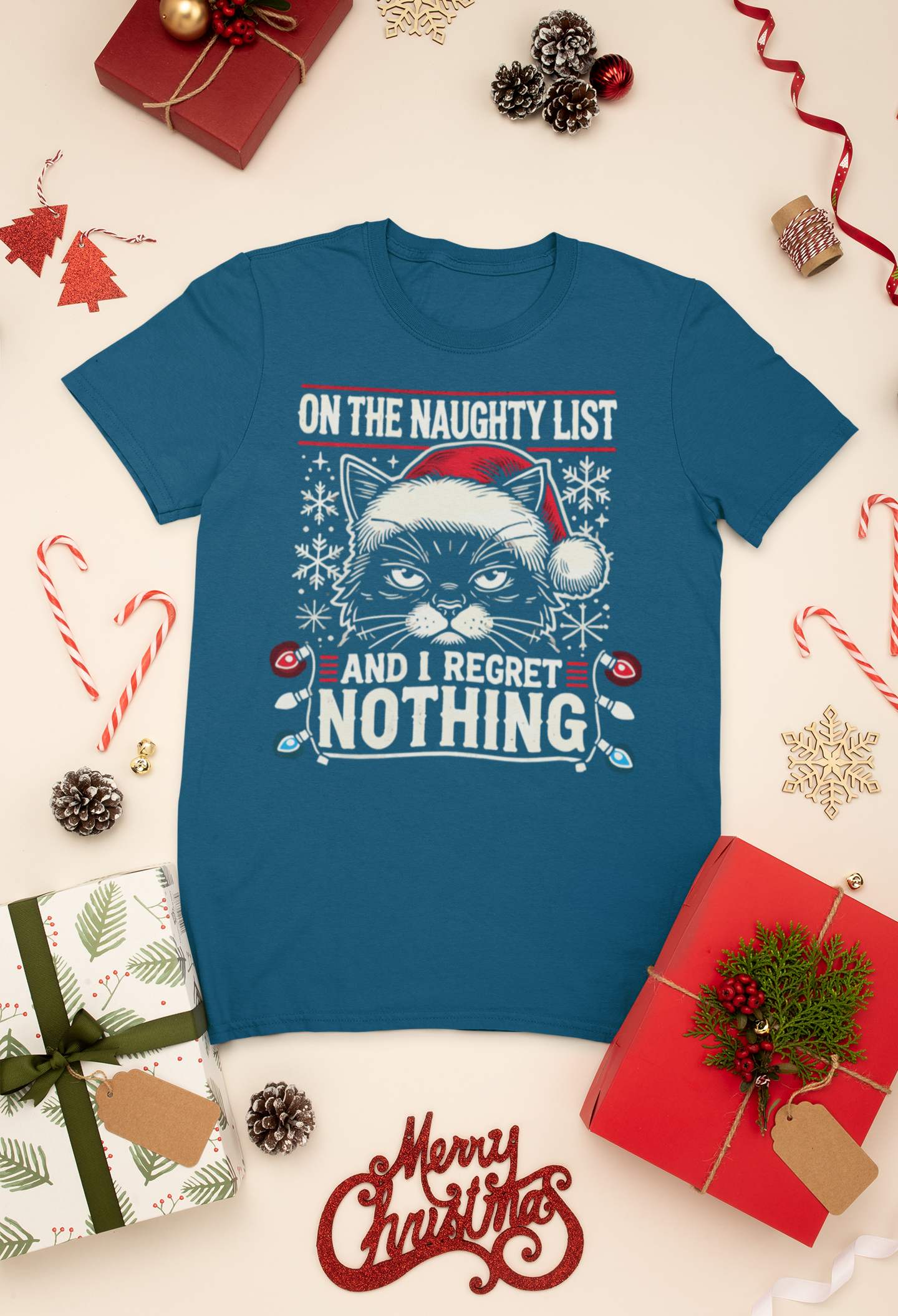 Funny Naughty Cat Christmas Shirt – "I Regret Nothing" Tee