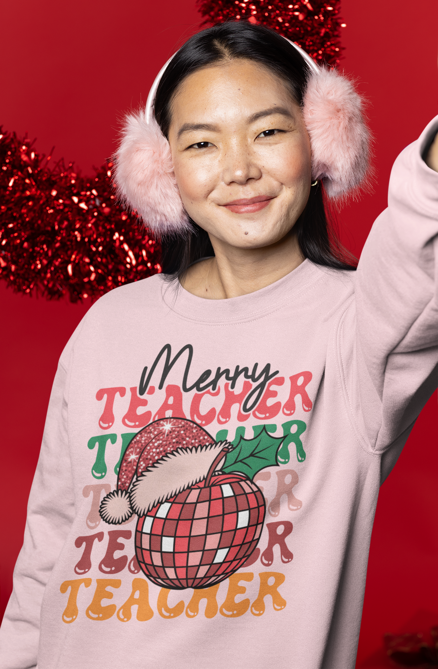 Merry Teacher Christmas Shirt | Retro Disco Apple Design for Educators