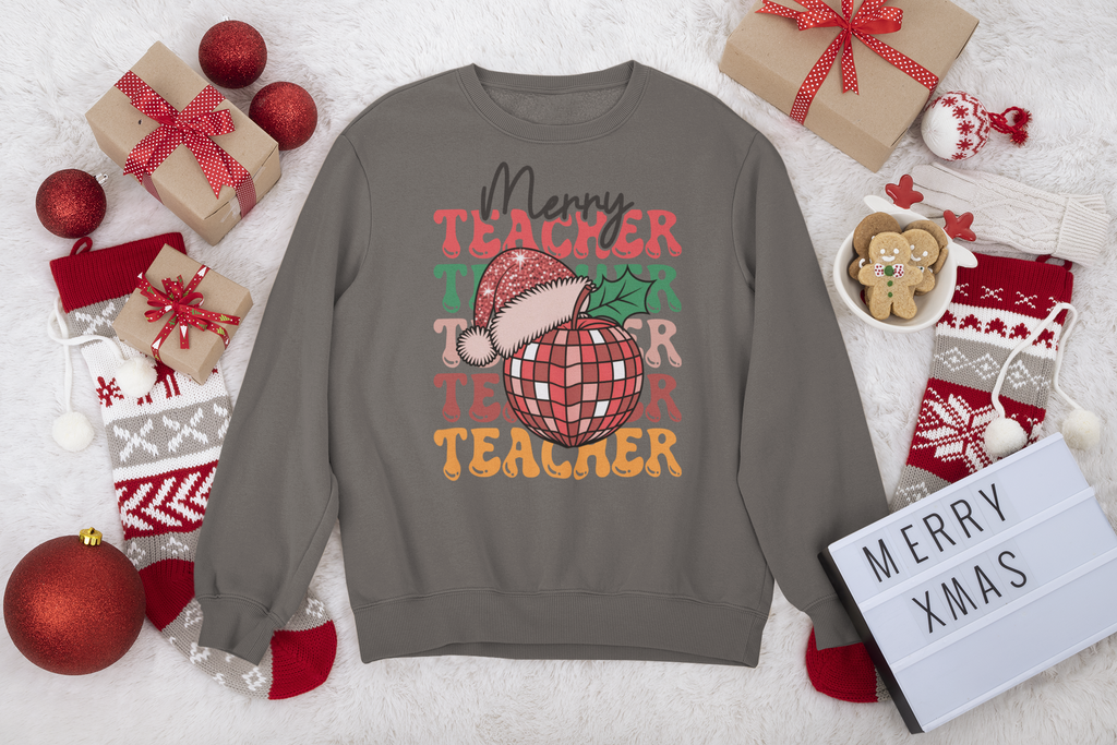 Merry Teacher Christmas Shirt | Retro Disco Apple Design for Educators
