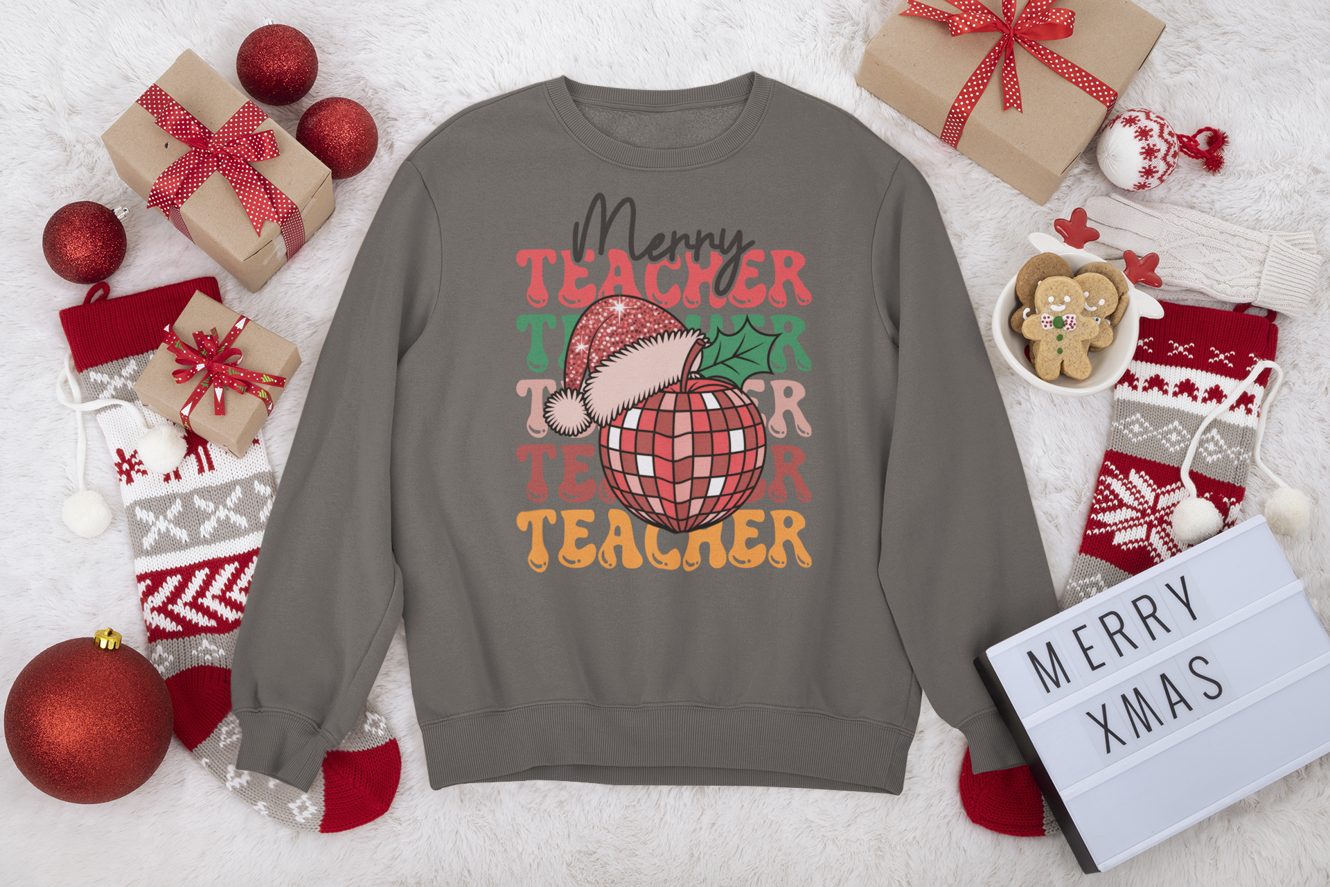 Merry Teacher Christmas Shirt | Retro Disco Apple Design for Educators