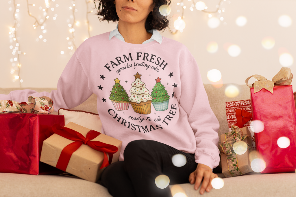 Farm Fresh Christmas Tree Cupcake Sweatshirt – Holiday Baking Graphic Pullover for Women