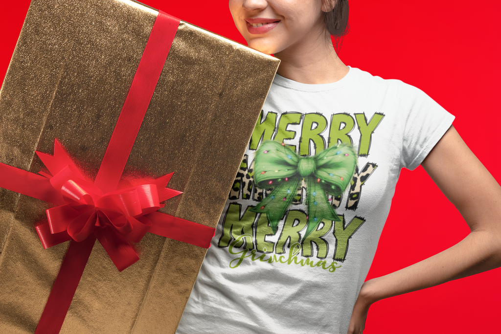 Merry Merry Grinchmas Shirt – Funny Christmas Tee with Leopard Bow