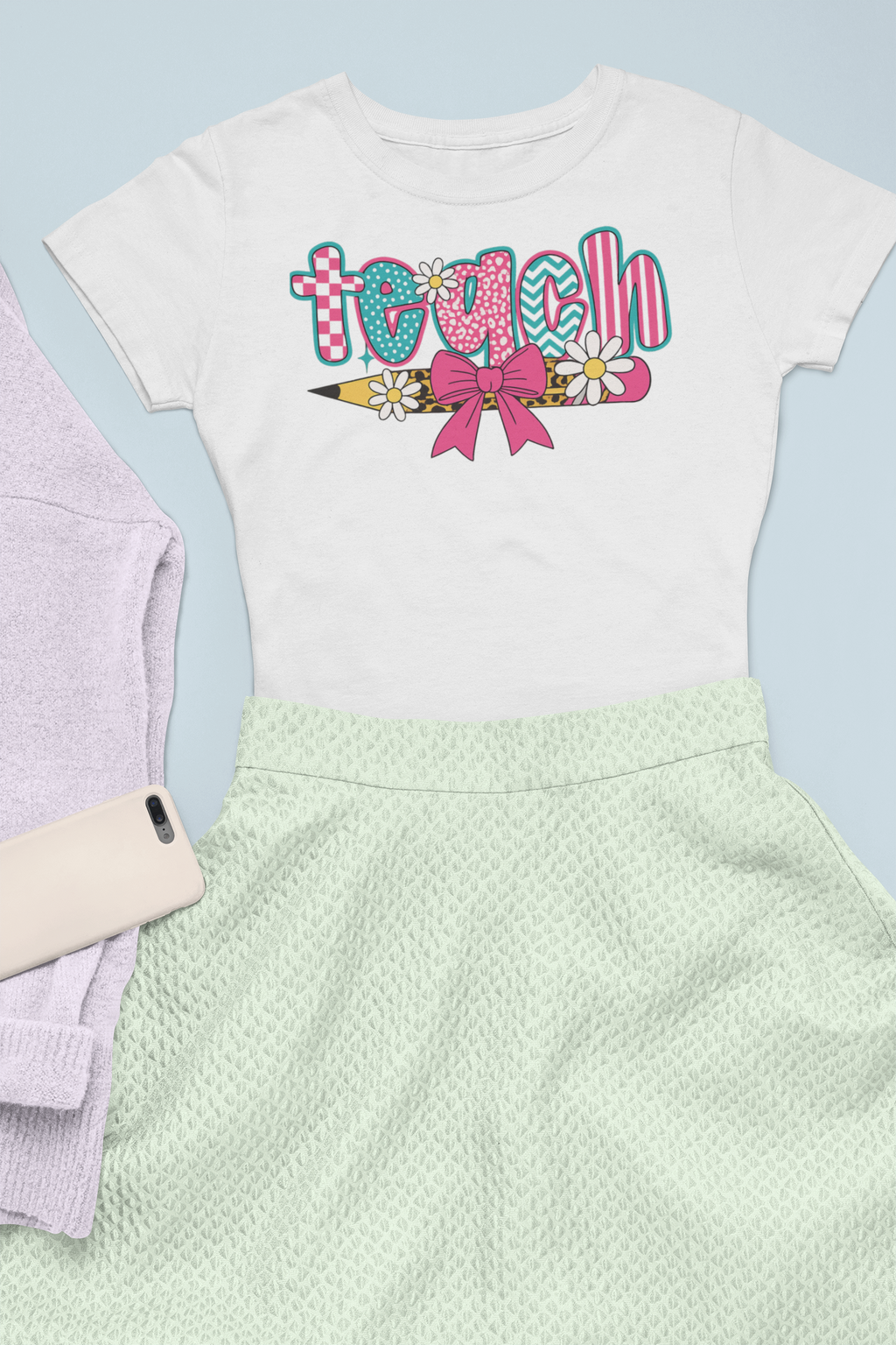 Retro Teacher T-Shirt | Colorful Teach Graphic Tee with Bow & Daisies | Cute Teacher Gift