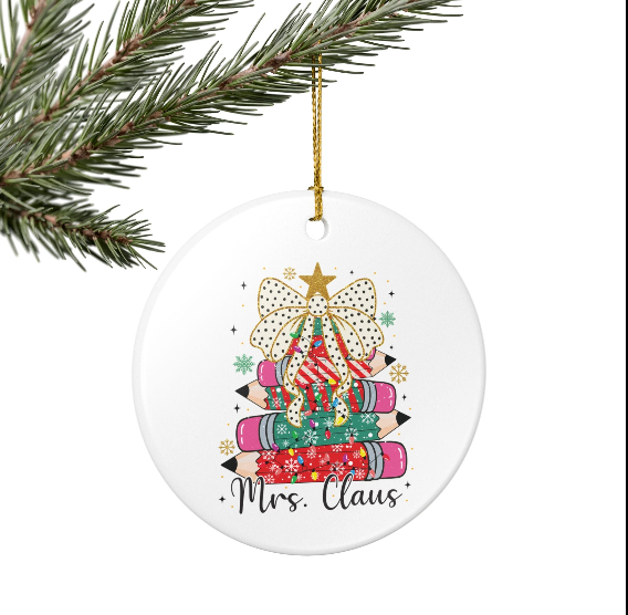 Mrs. Claus Teacher Ornament – Holiday Pencil Tree Decoration