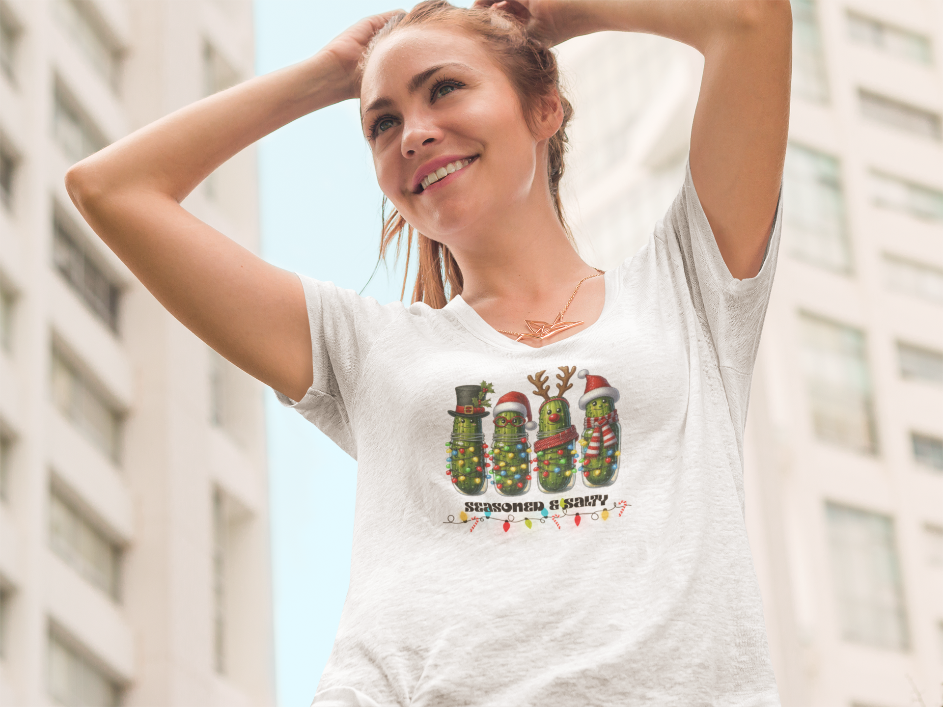 Seasoned & Salty Christmas Pickle Shirt | Funny Holiday Graphic Tee | Quirky Christmas Gift