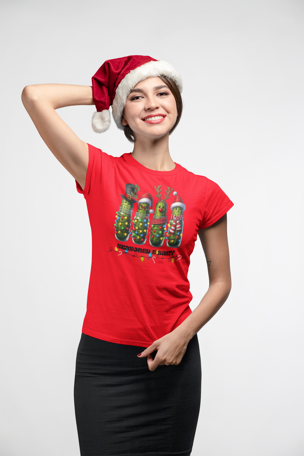 Seasoned & Salty Christmas Pickle Shirt | Funny Holiday Graphic Tee | Quirky Christmas Gift