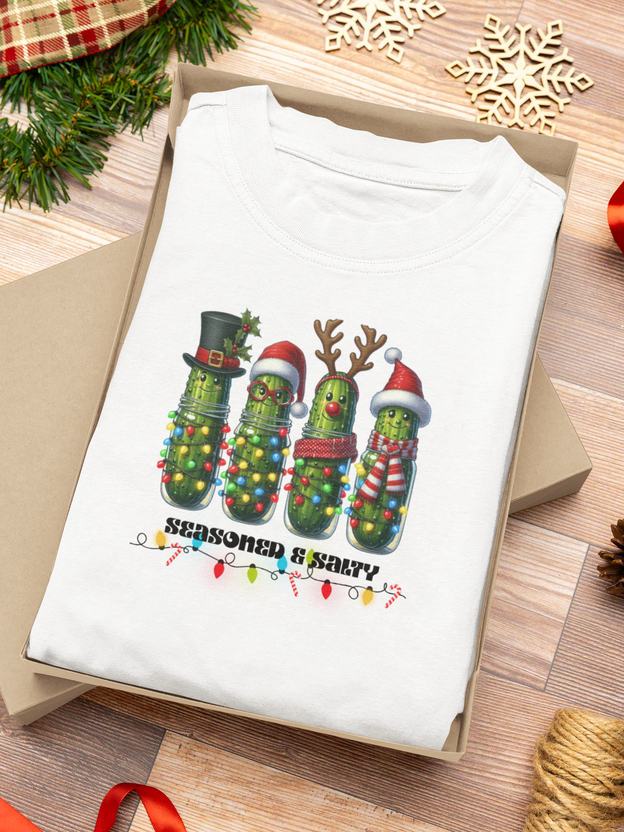 Seasoned & Salty Christmas Pickle Shirt | Funny Holiday Graphic Tee | Quirky Christmas Gift