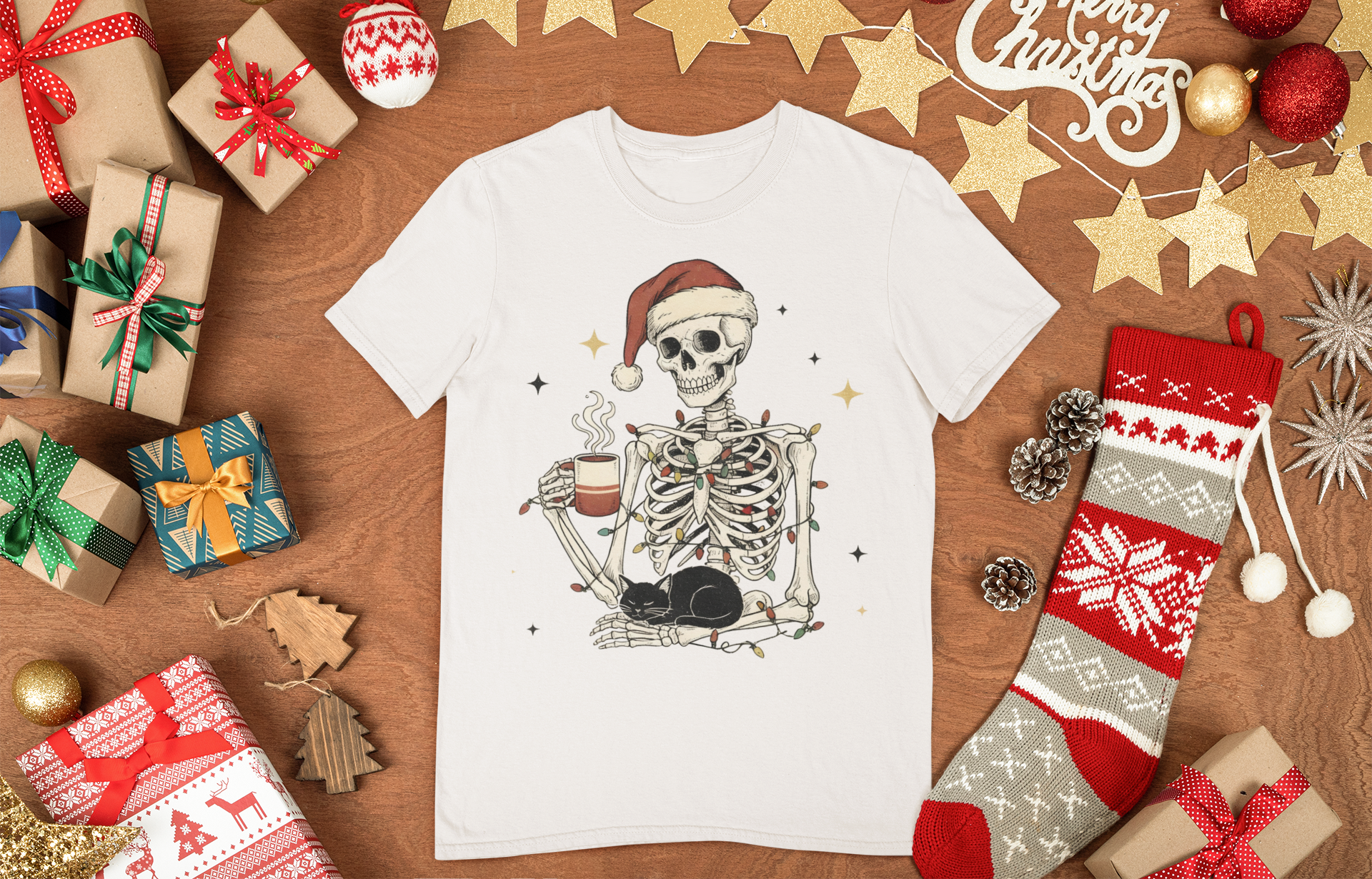 Skeleton Christmas Shirt – Spooky Holiday Shirt with Santa Hat, Coffee, Black Cat & Lights | Funny Cozy Gothic Christmas Tee